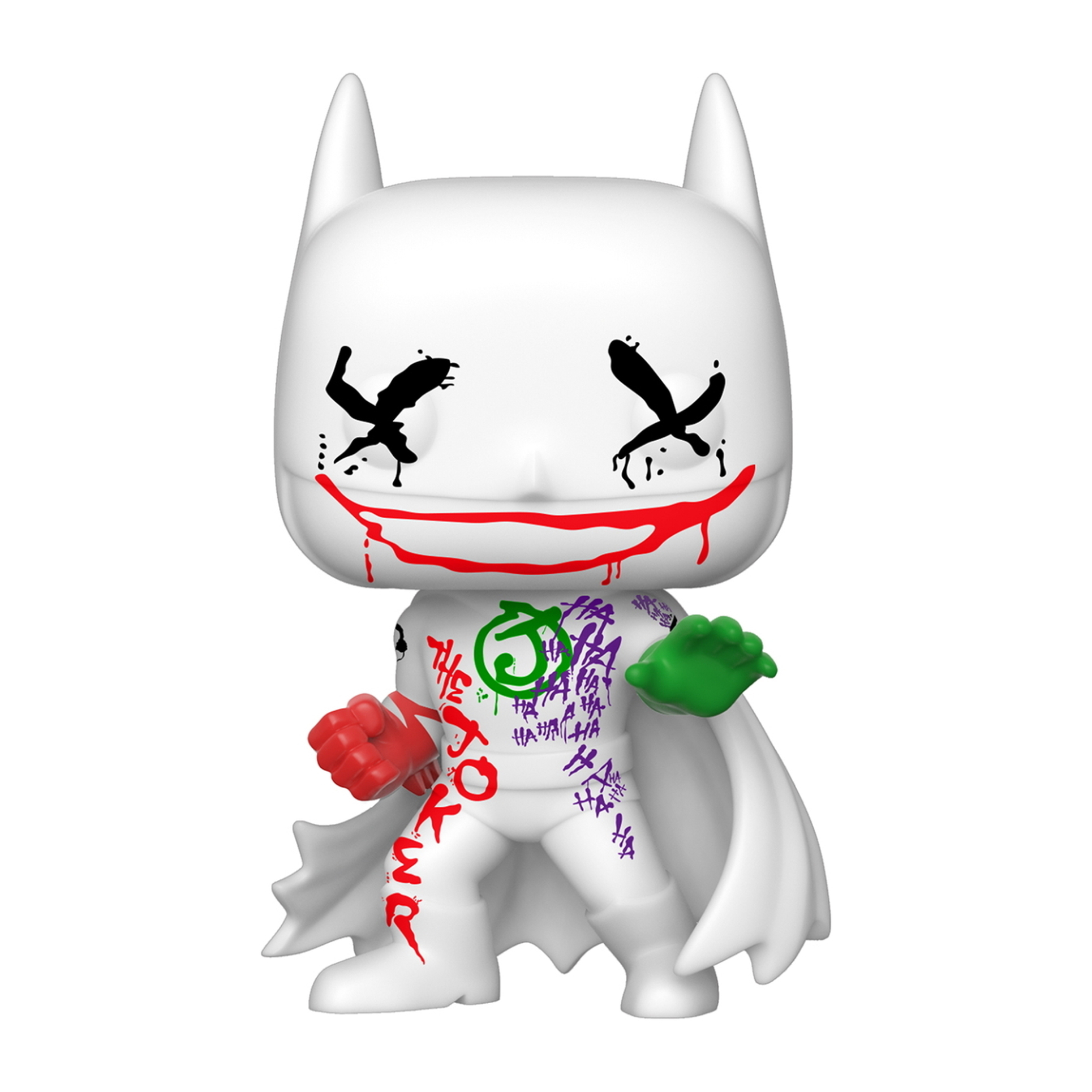 Batman/Joker Funko Pop Figur, weißer Anzug, rotes Lächeln, grüne und rote Handschuhe, mit Umhang.