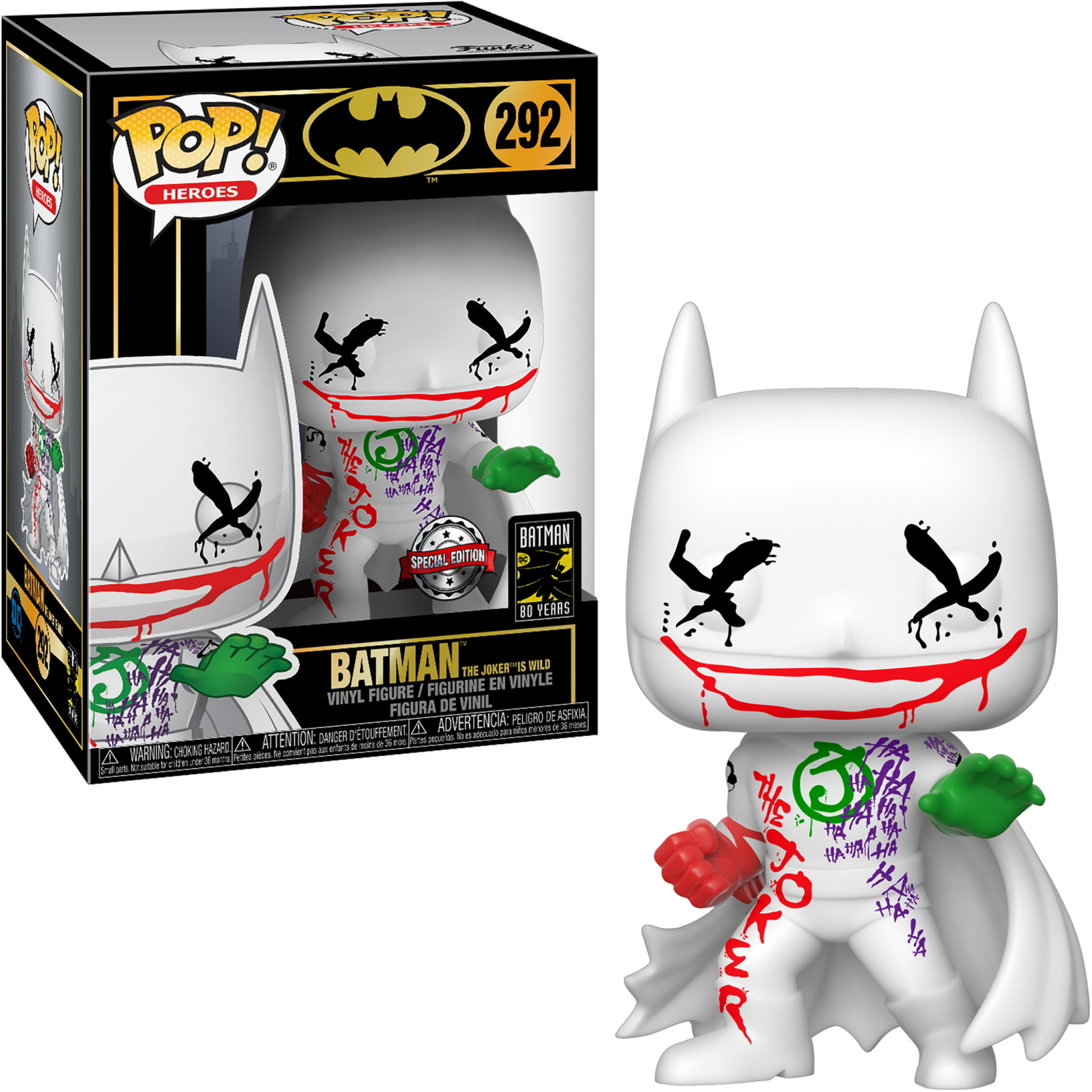 Eine Funko Pop-Figur von Batman mit bemaltem weißem Gesicht und Joker-Details.