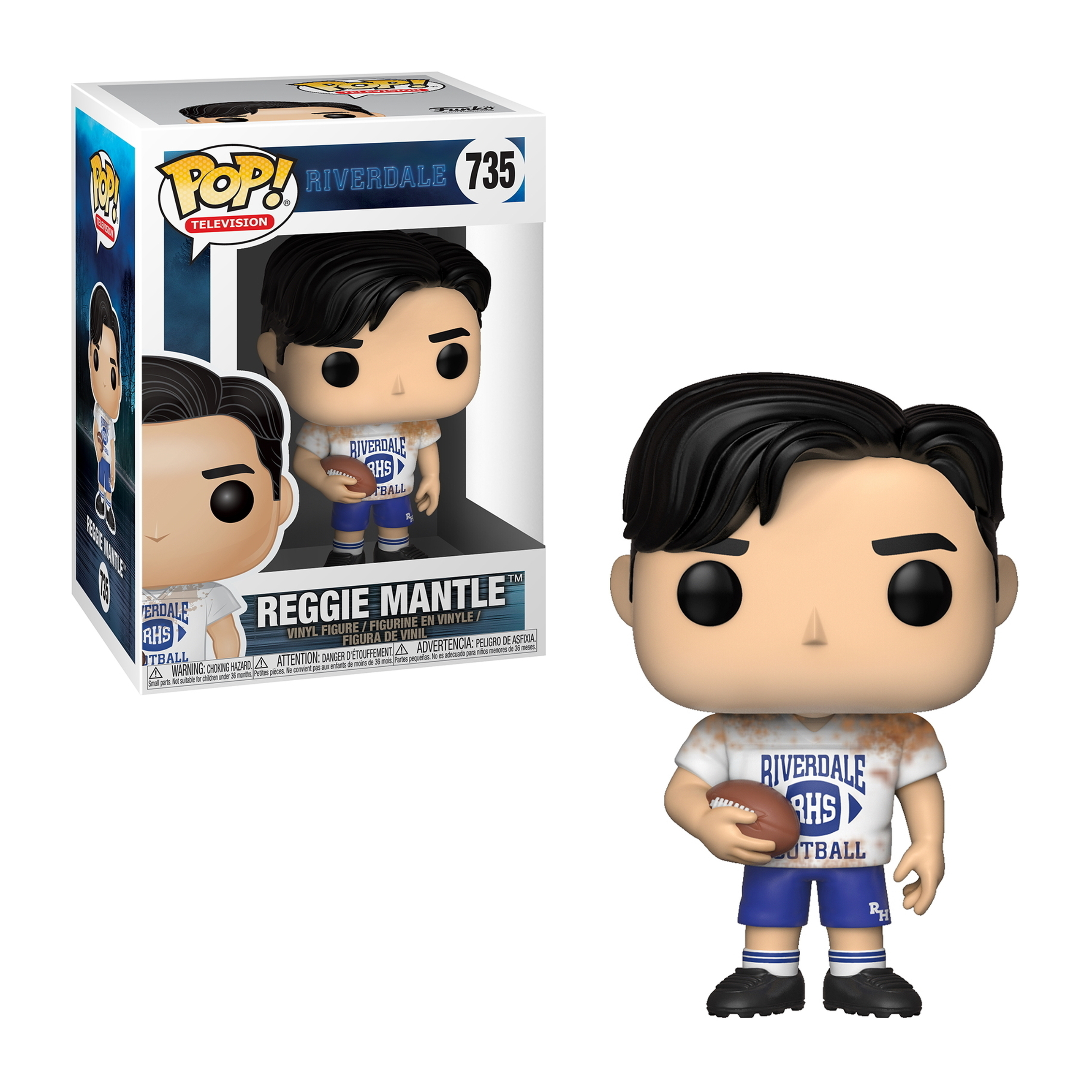 Funko Pop von Reggie Mantle aus Riverdale, der einen Football hält. Er trägt ein Hemd und Shorts.