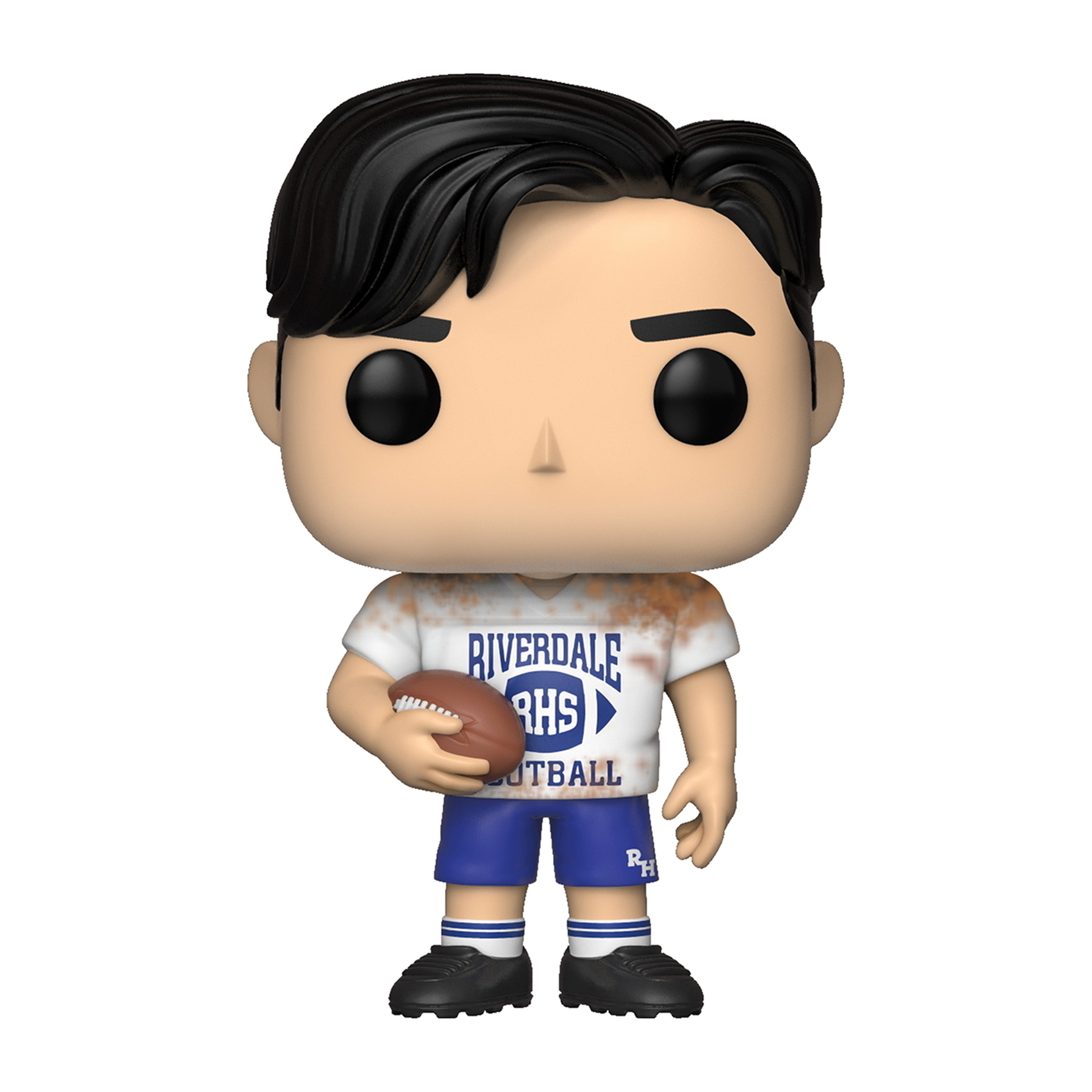 Jungenfigur mit Football, Riverdale Footballtrikot und blauen Shorts. Schwarzes Haar und Augen. Box sichtbar.