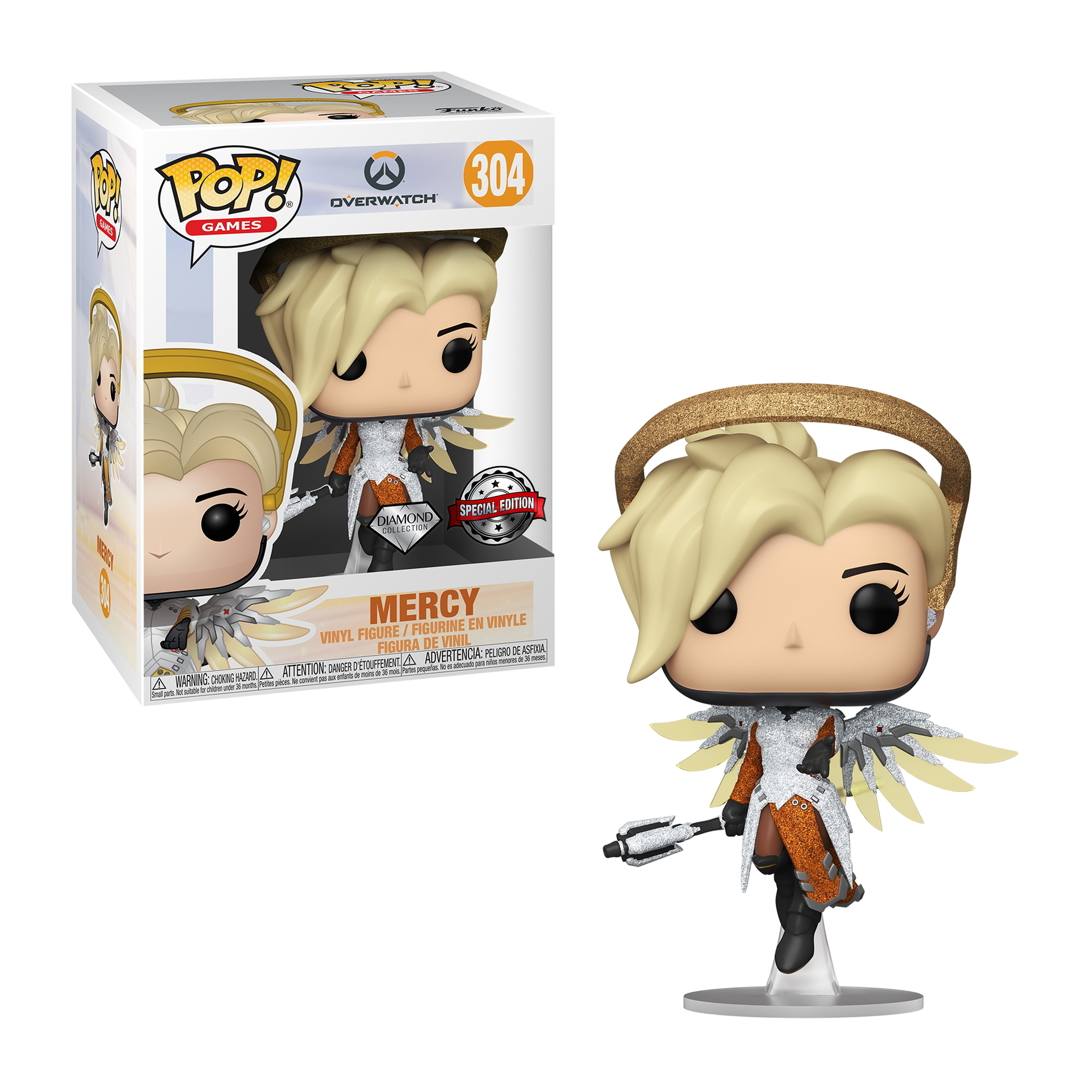 Mercy Figur mit blonden Haaren, goldenem Heiligenschein und weißem Outfit auf einem Displayständer. Box-Bild enthalten.