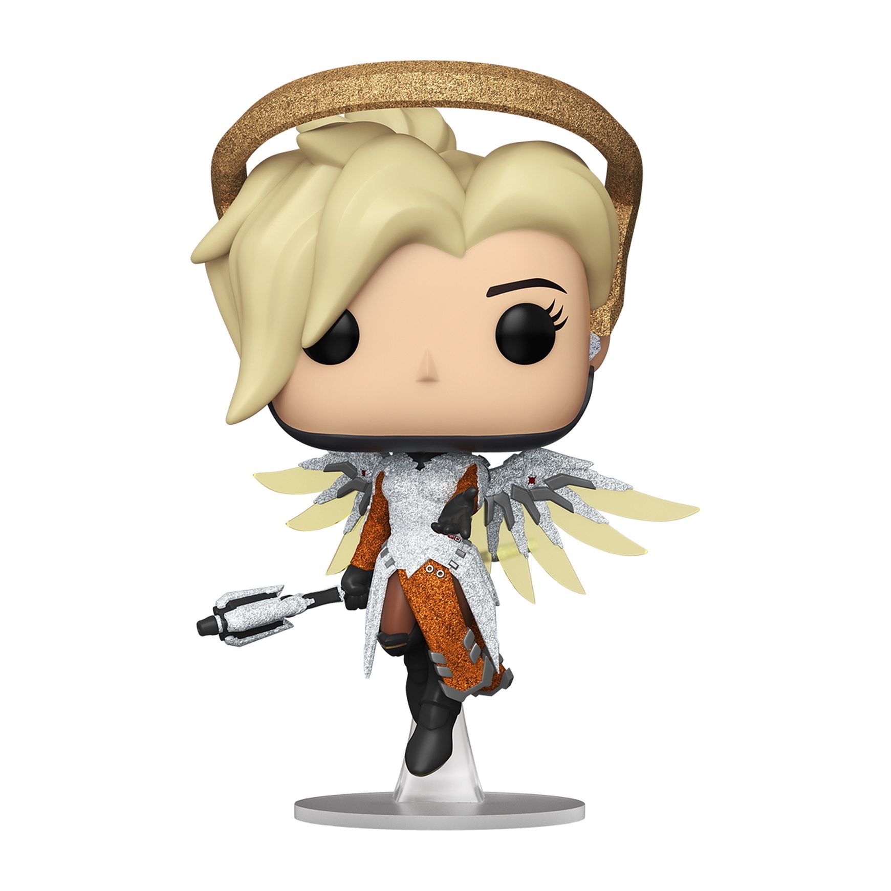 Mercy Funko Pop Figur, mit blonden Haaren und Flügeln, trägt ein weißes und orangefarbenes Outfit. Eingepackt.
