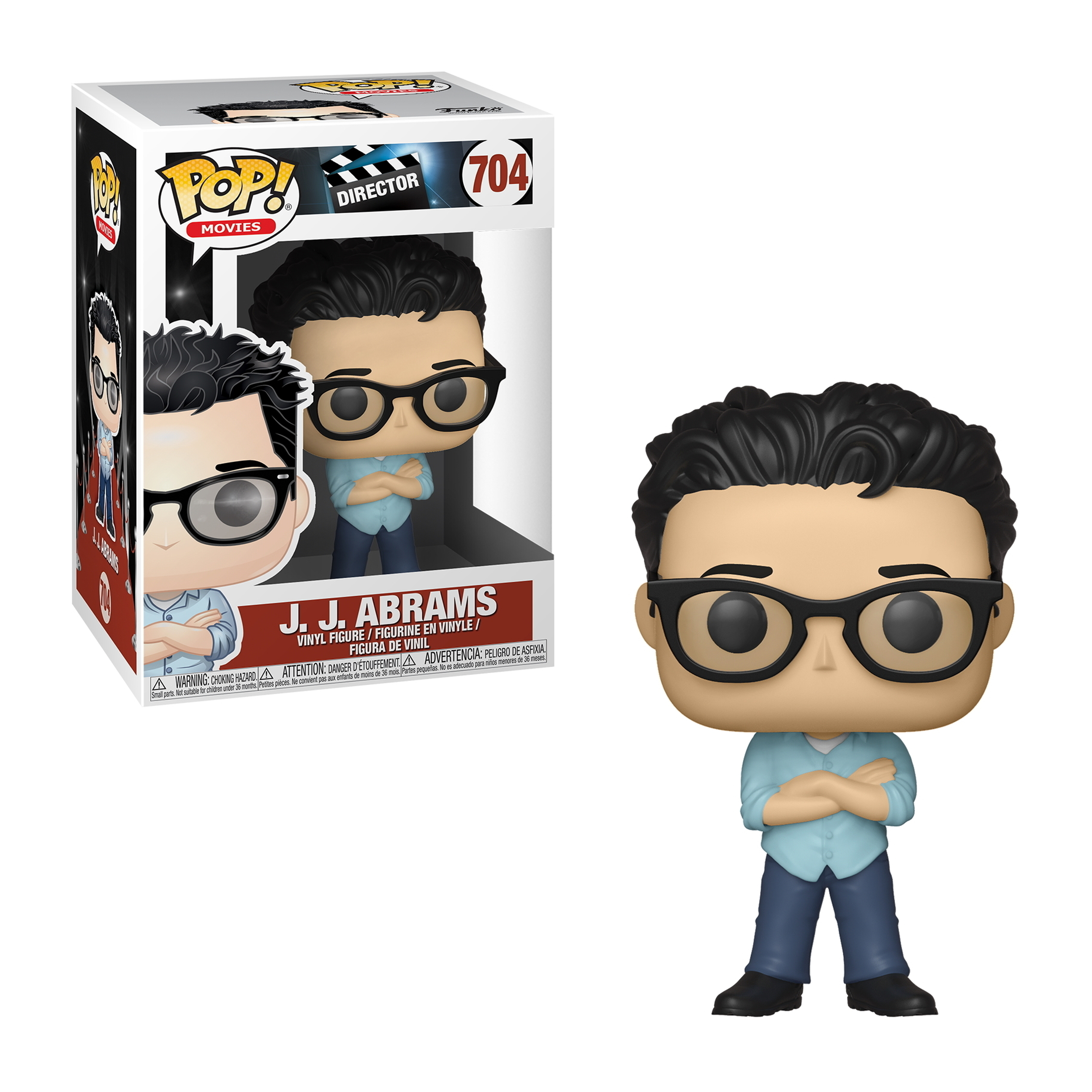 Eine Pop!-Figur von J.J. Abrams in einer Box. Die Figur hält die Arme verschränkt. Er trägt eine Brille.