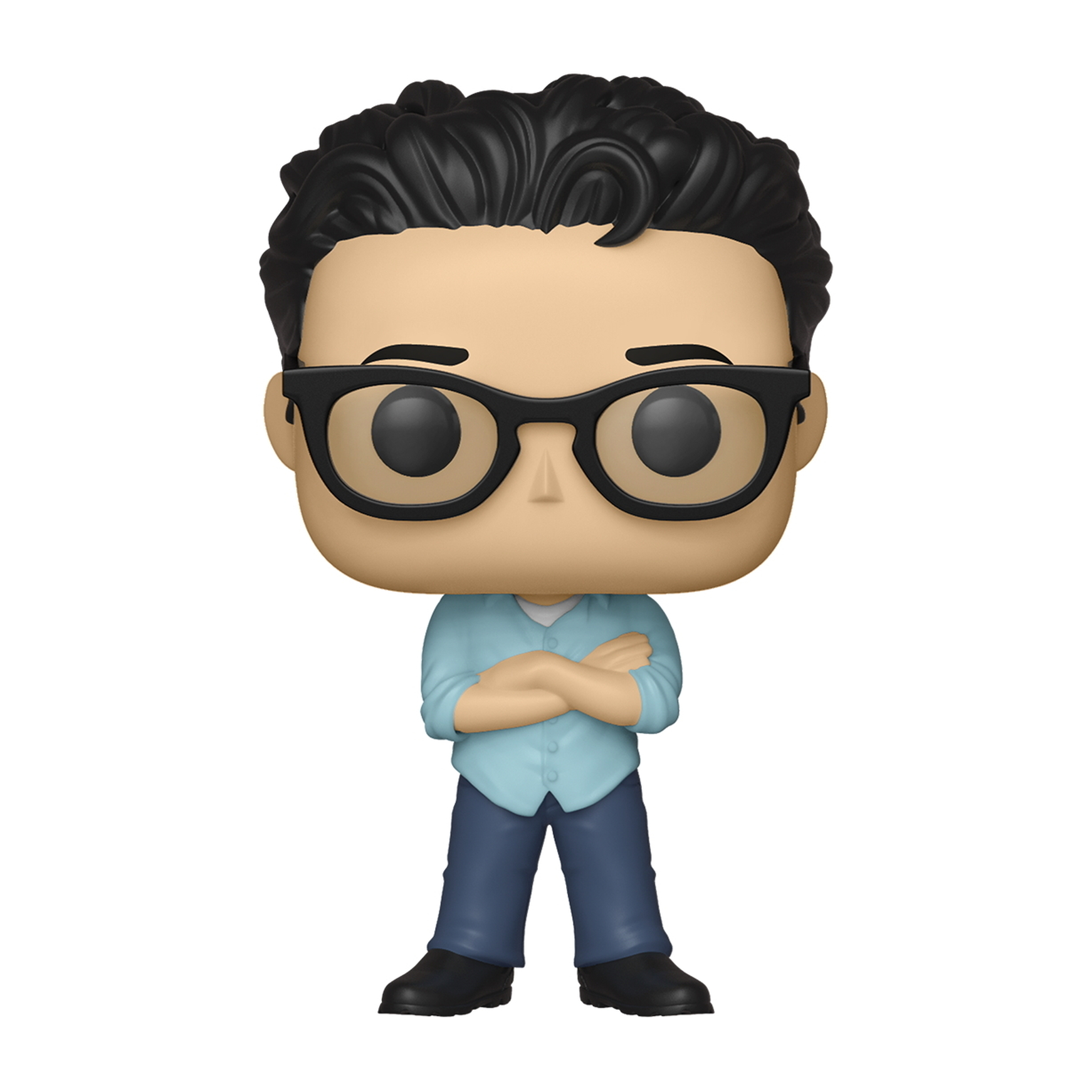Funko Pop Figur eines Mannes mit Brille, blauem Hemd, verschränkten Armen. Dunkle Haare.