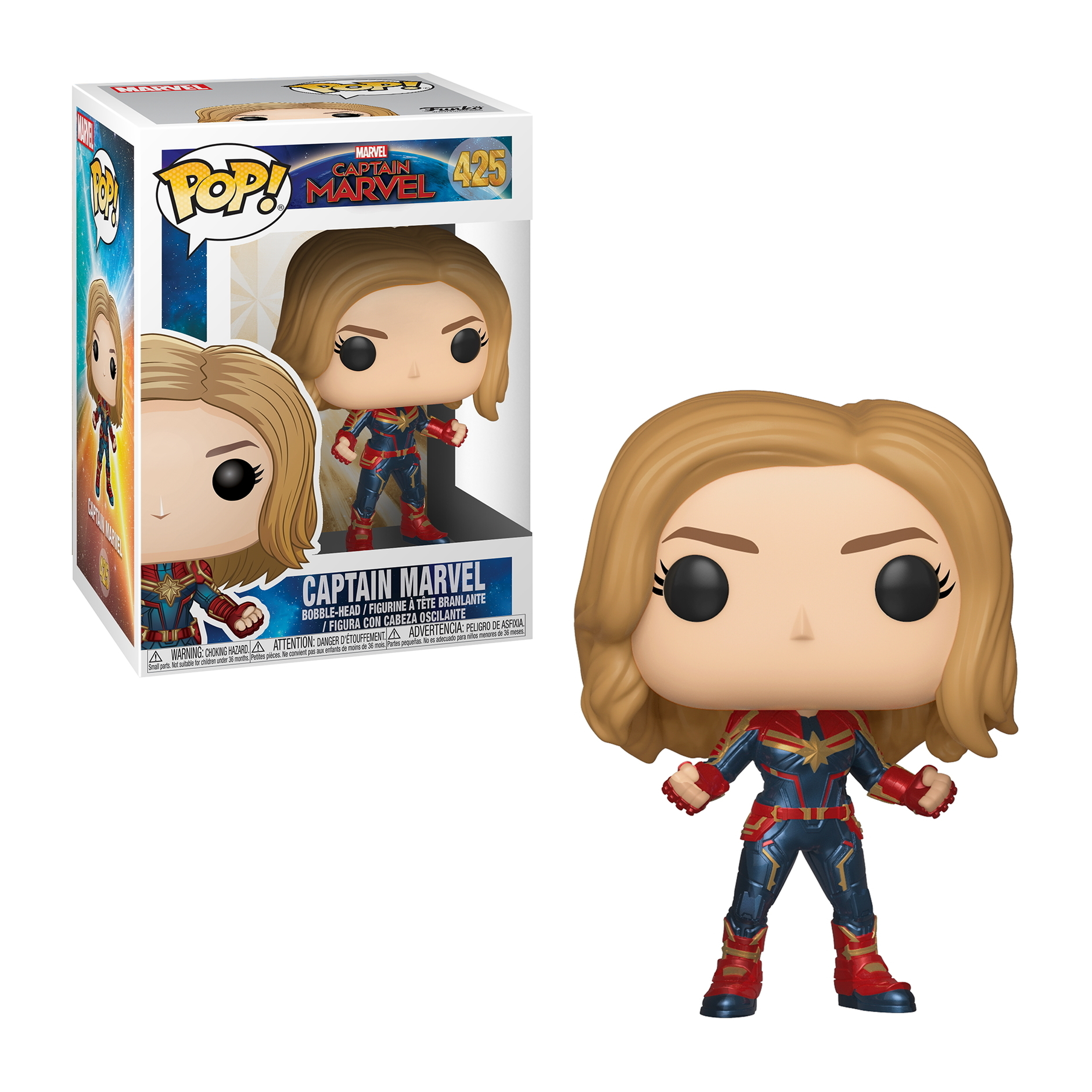 Figura di Captain Marvel con capelli biondi, in tuta blu e rossa. Una scatola sullo sfondo.