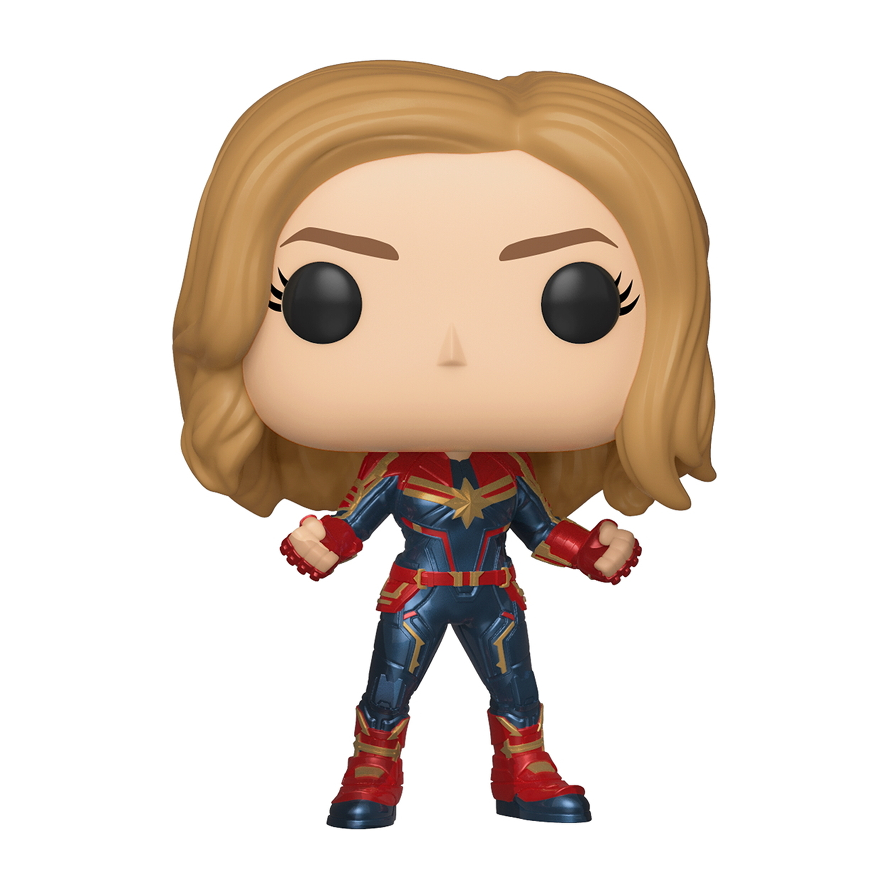 Figura di Captain Marvel in costume, in piedi, con capelli biondi.
