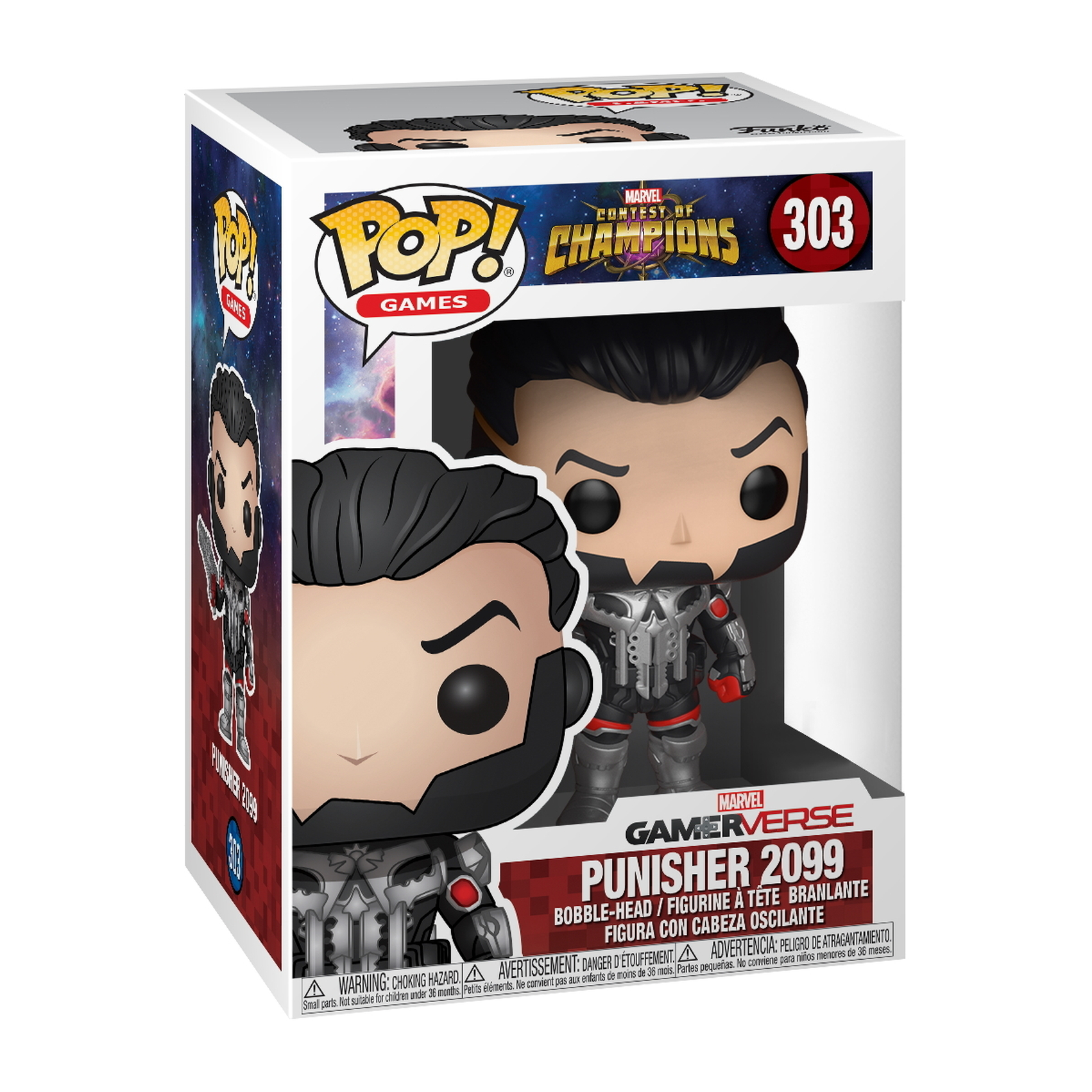 Punisher 2099 Pop Figur in einer Box, schwarzer und grauer Anzug, weißer Schädel, rote Akzente.