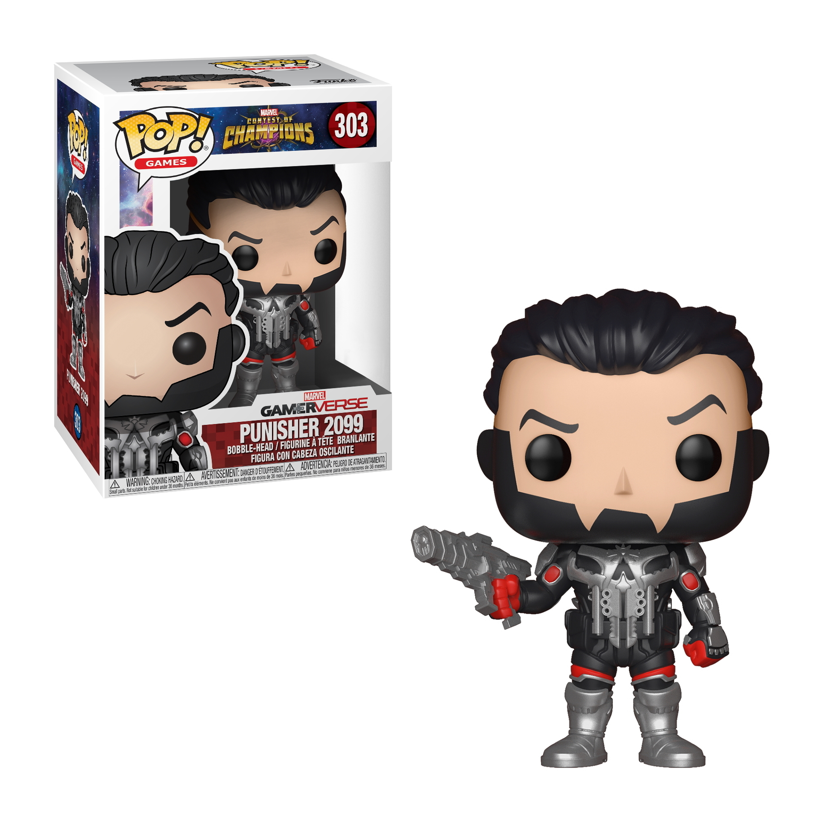 Punisher 2099 Figur in Schwarz und Silber mit roten Akzenten, hält eine Waffe. Box im Hintergrund.
