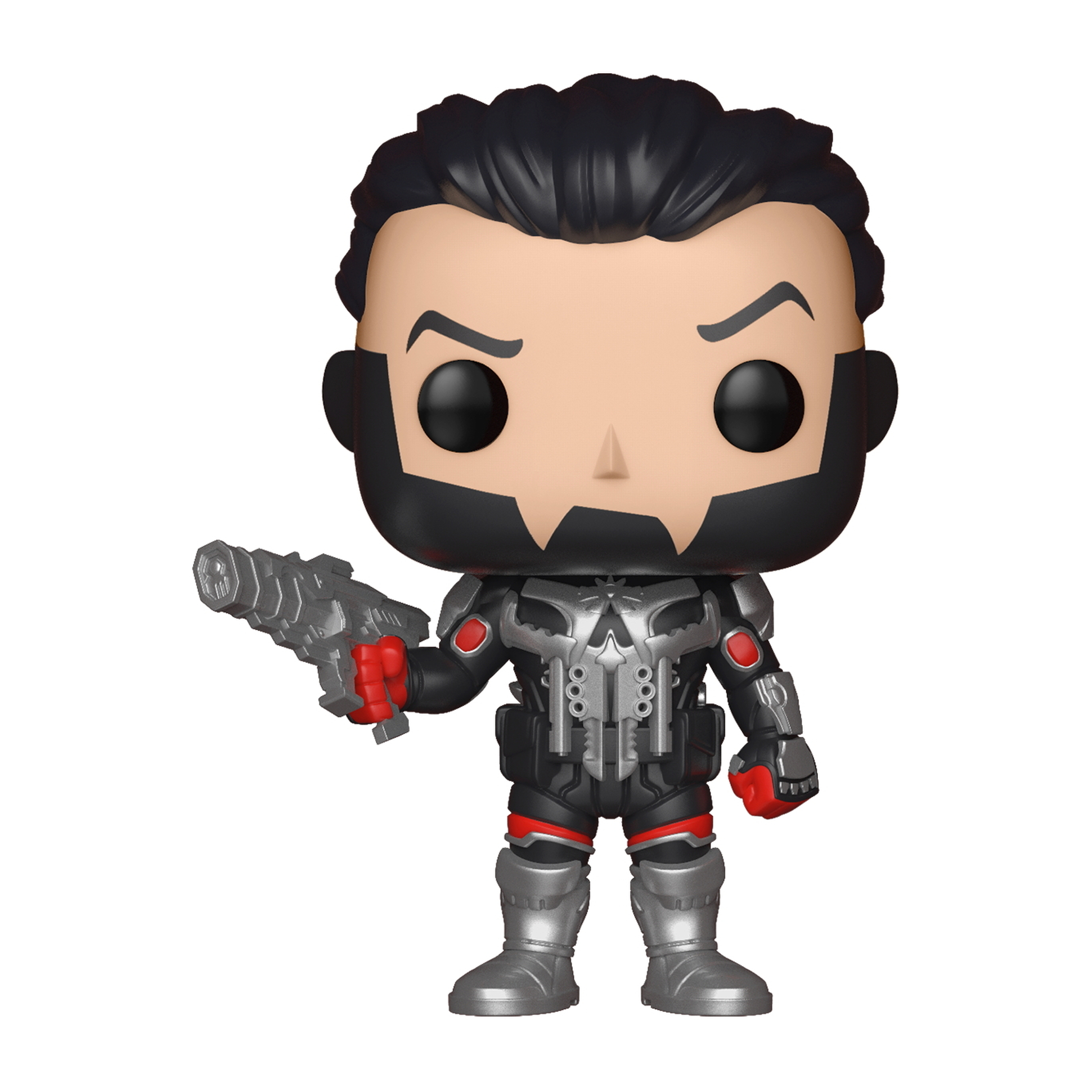 Punisher Funko Pop Figur mit einer Waffe, in einem schwarz-silbernen Anzug.