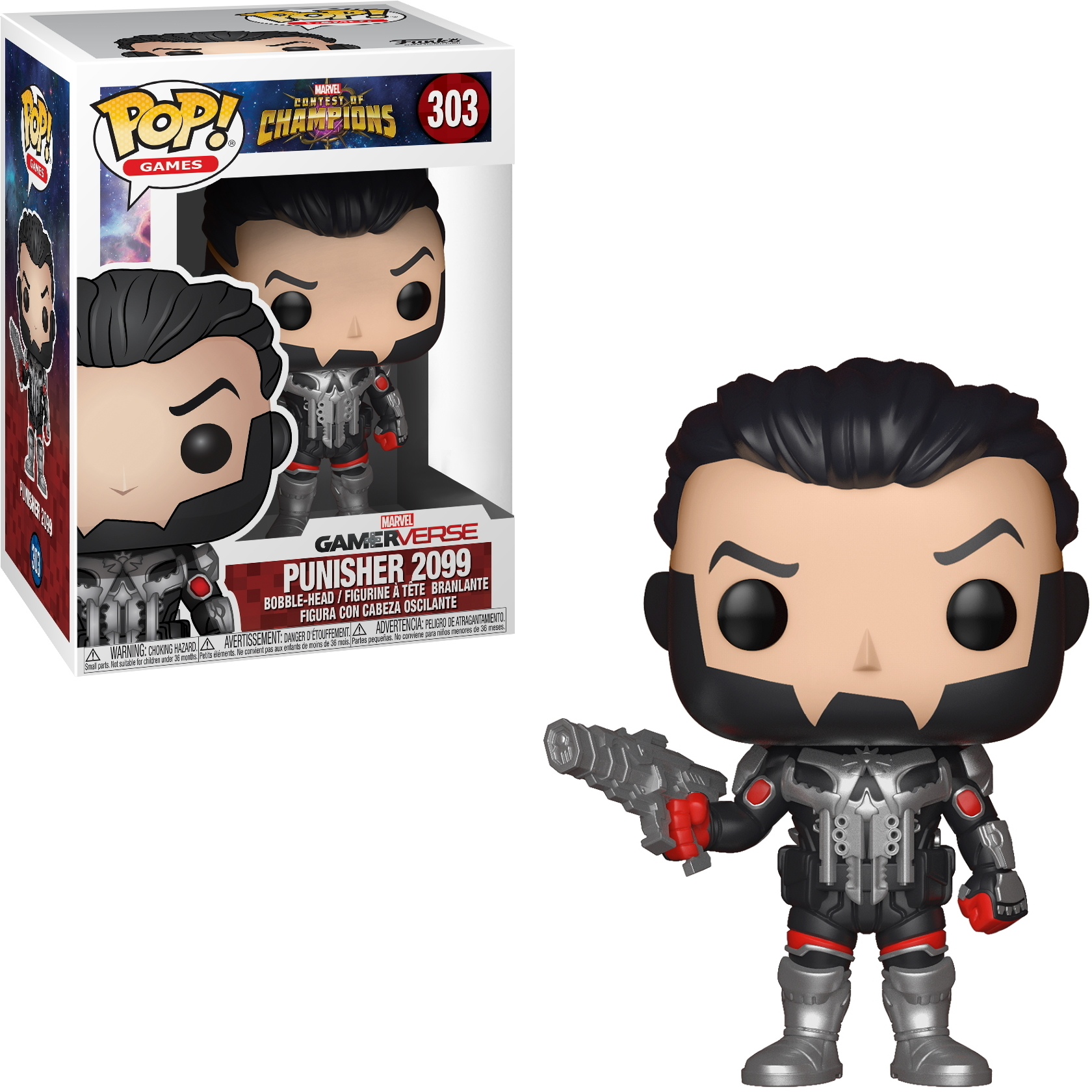 Punisher 2099 Funko Pop Figur, hält eine Waffe, in futuristischem Anzug.