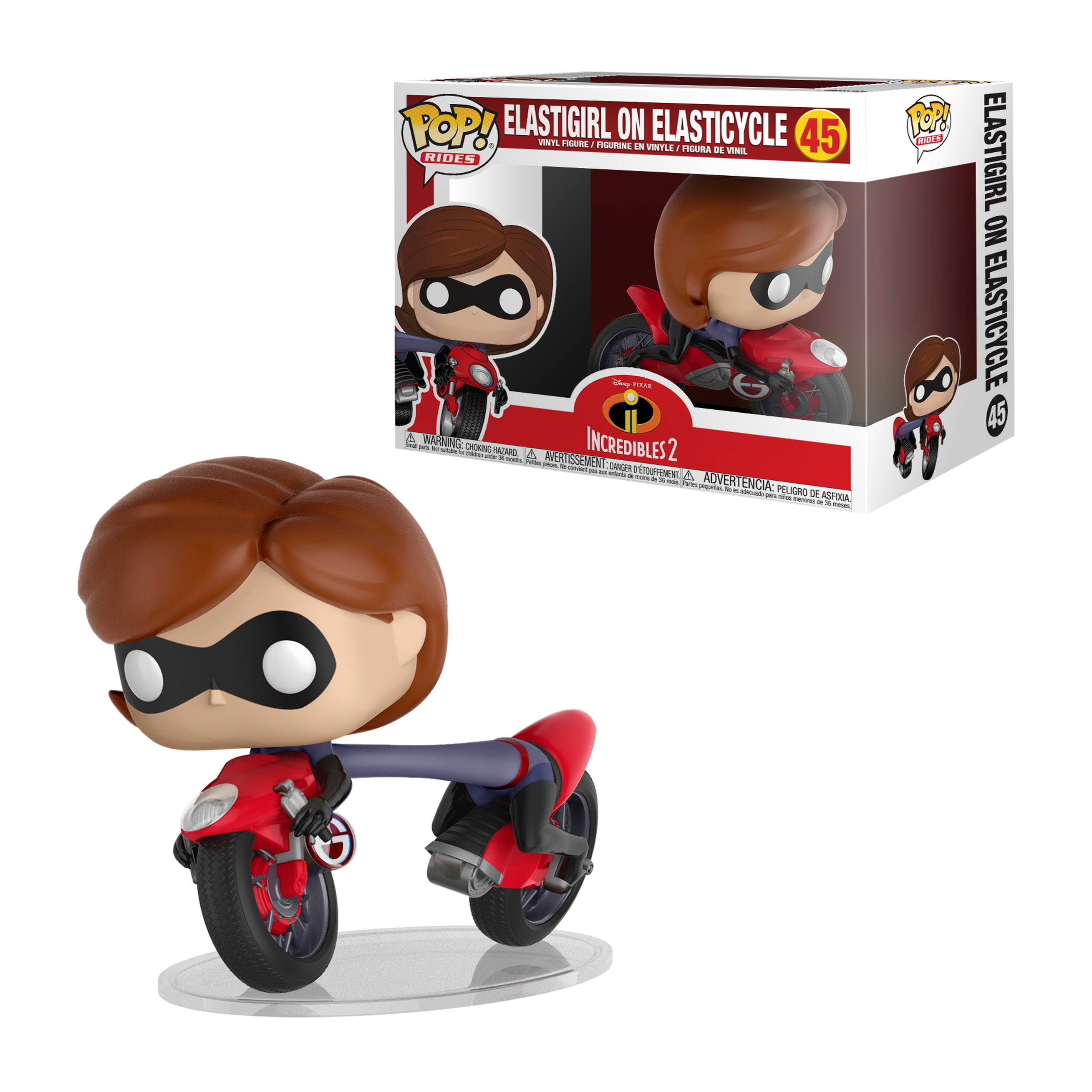 Elastigirl on a red motorcycle Funko Pop figure. Box with the character on the left.