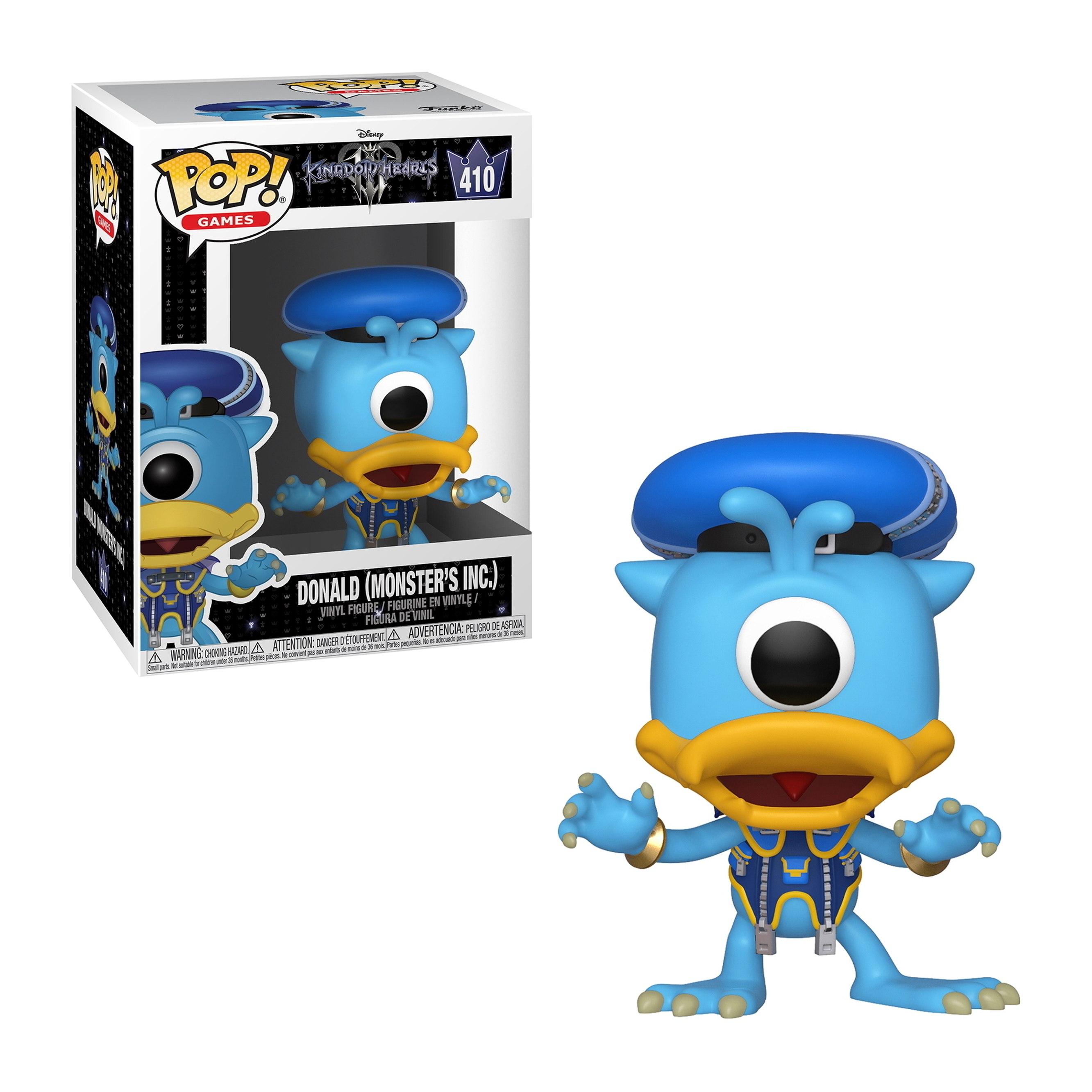 Donald Duck de Monstres & Cie. Figurine Funko Pop en boîte et en tant que figurine, bleu et jaune.