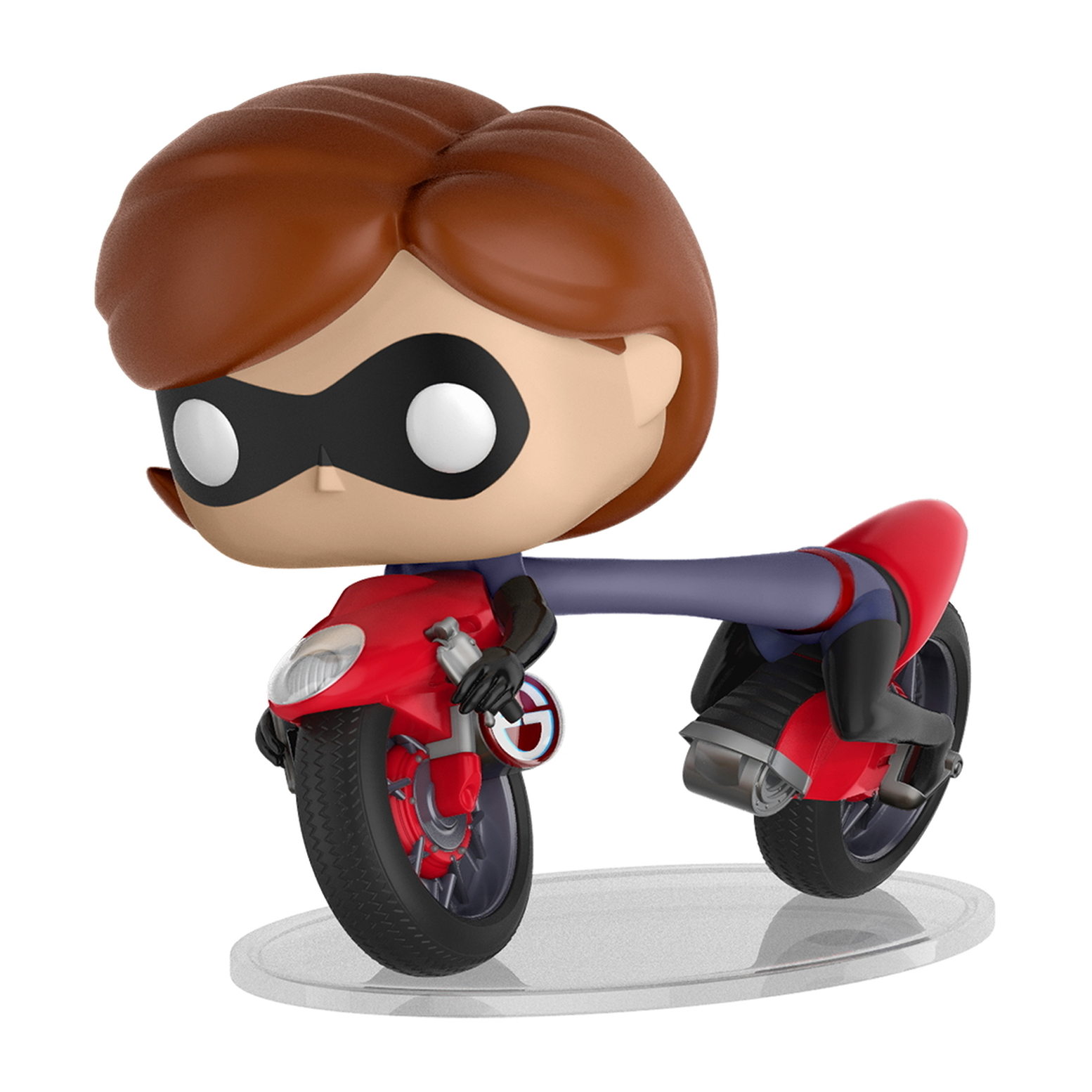 Mrs. Incredible on a red motorcycle with a white background.