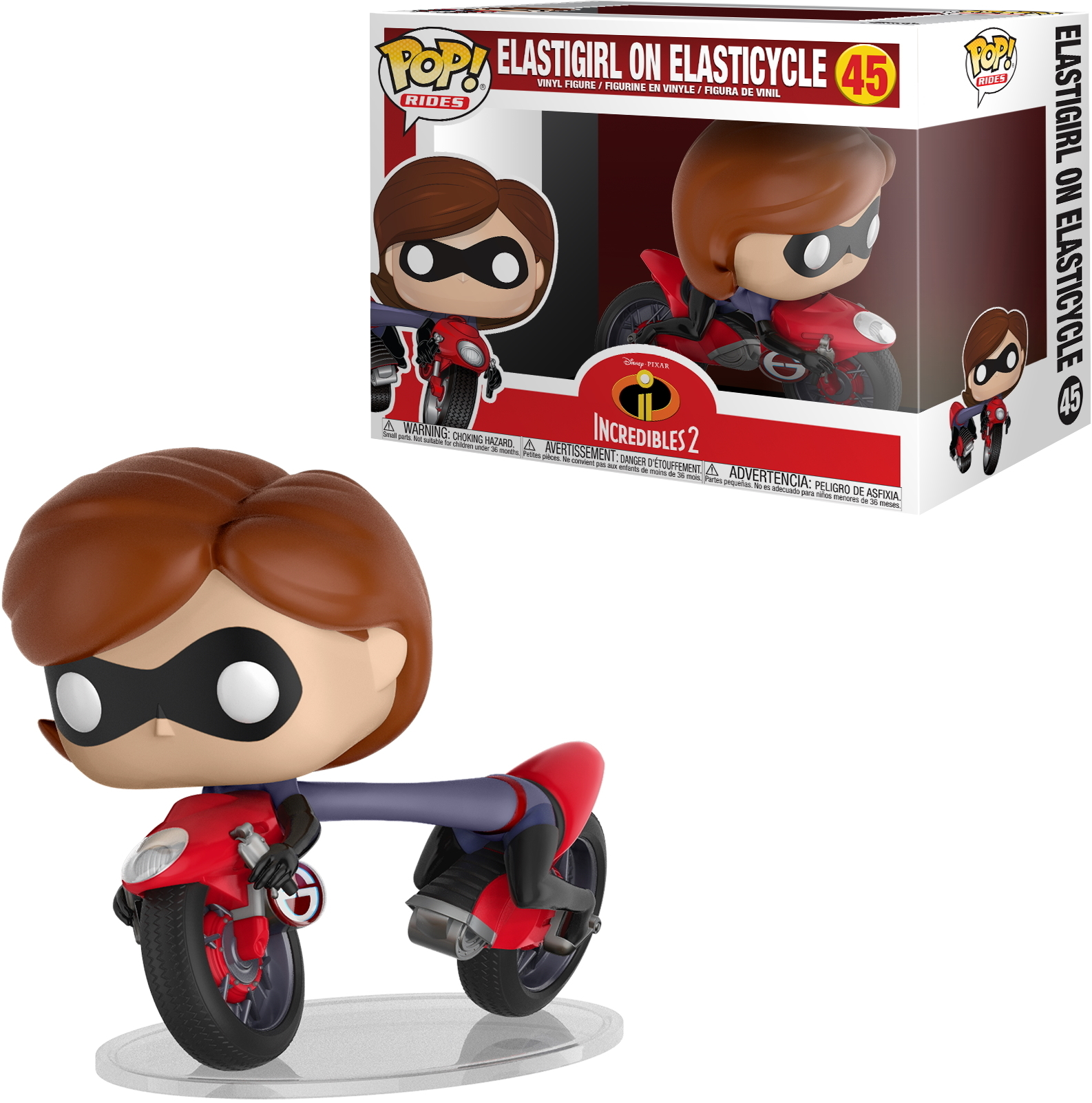 Elastigirl on a red motorcycle toy. The package is visible, featuring the figure and the movie title.