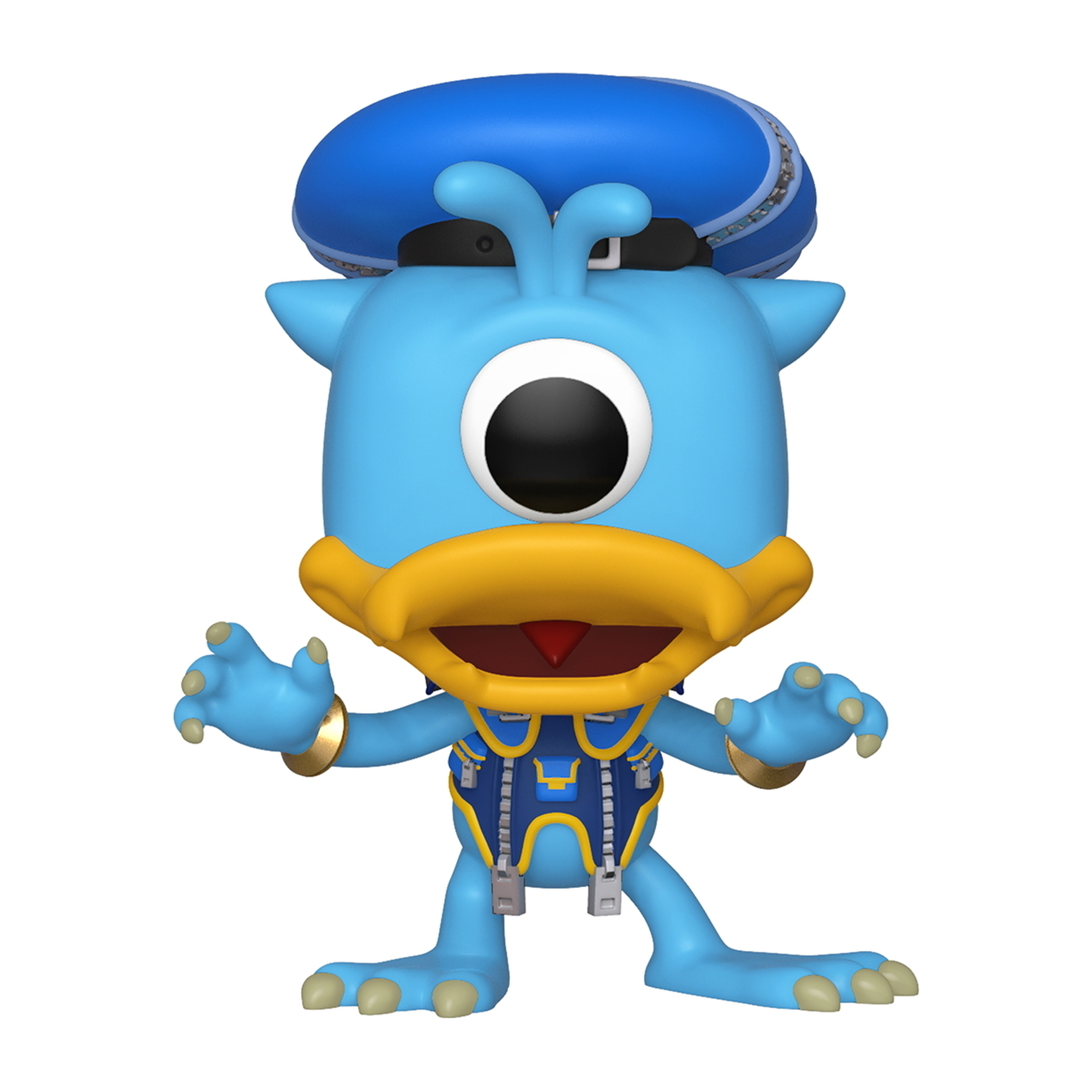Canard de dessin animé bleu et borgne Funko Pop. Bec jaune, chapeau bleu et combinaison bleue.