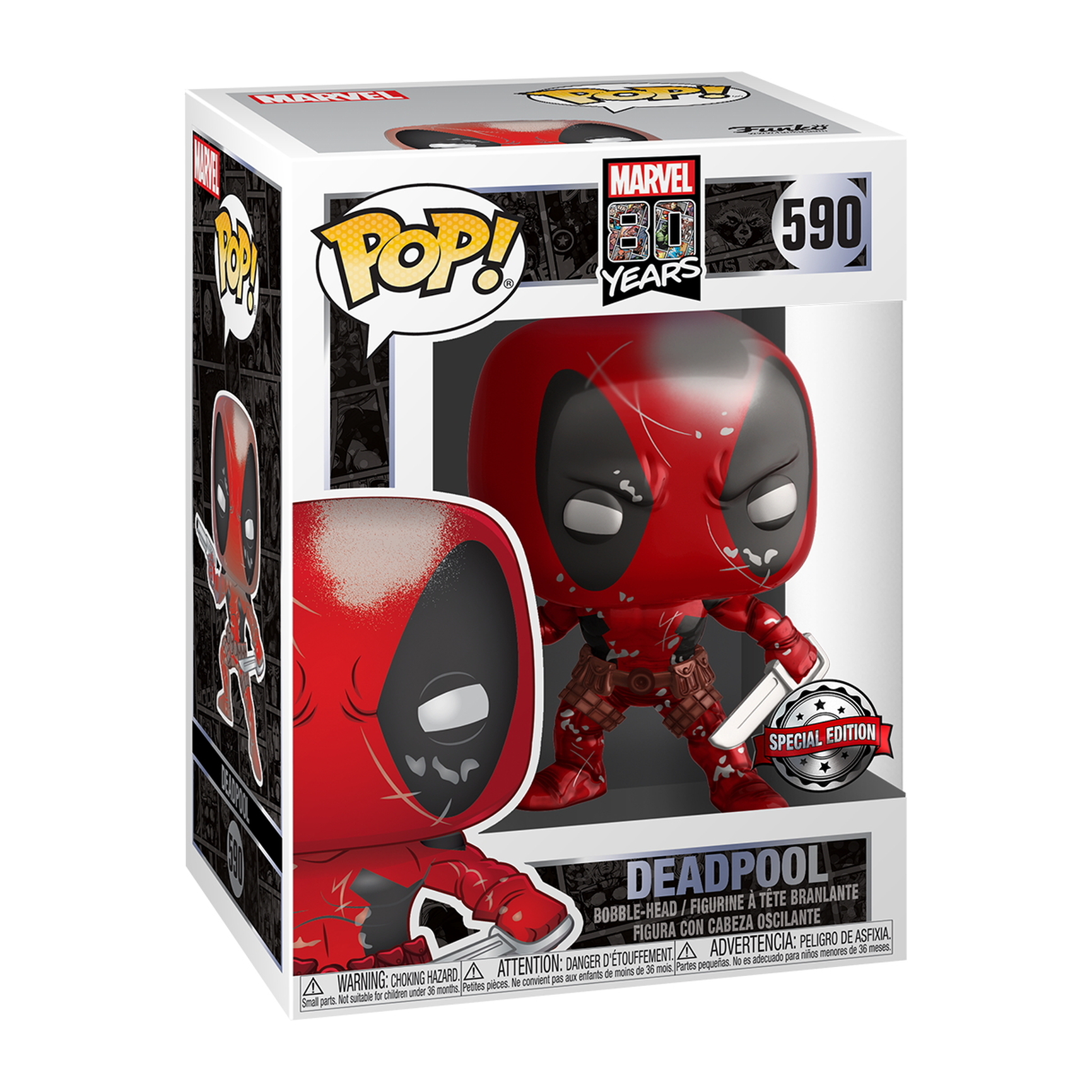 Deadpool Pop! Marvel 80 Years Figur in einer Box. Er hält Schwerter und trägt einen Anzug.
