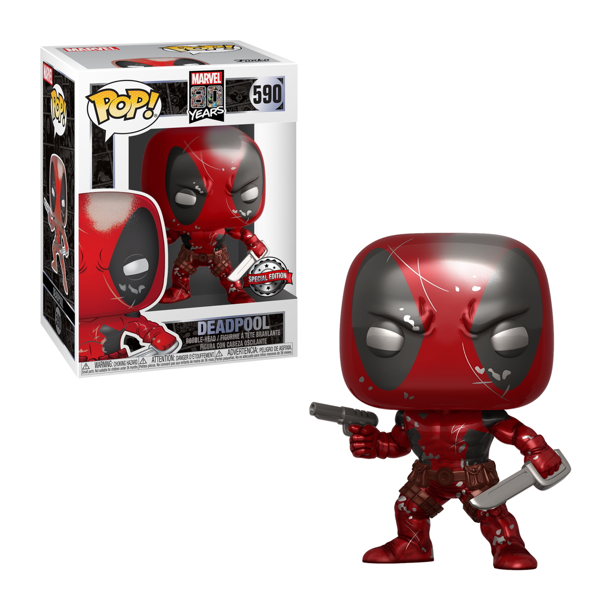 Deadpool Funko Pop-Figur mit Pistole und Messer, in einer Box. Rotes und schwarzes Kostüm.