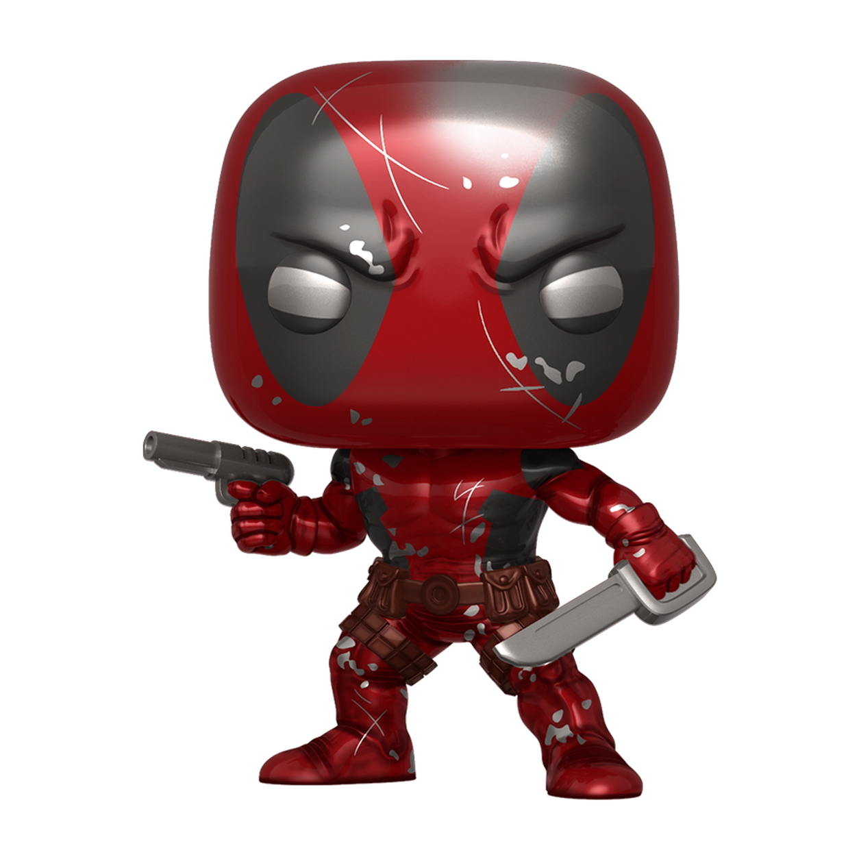 Deadpool-Figur mit Waffen, rot-schwarzem Anzug und einer Box.
