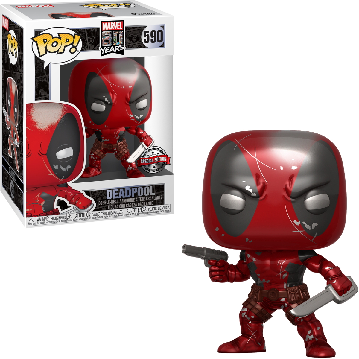 Deadpool Figur mit rotem und schwarzem Kostüm, hält eine Pistole und ein Schwert.