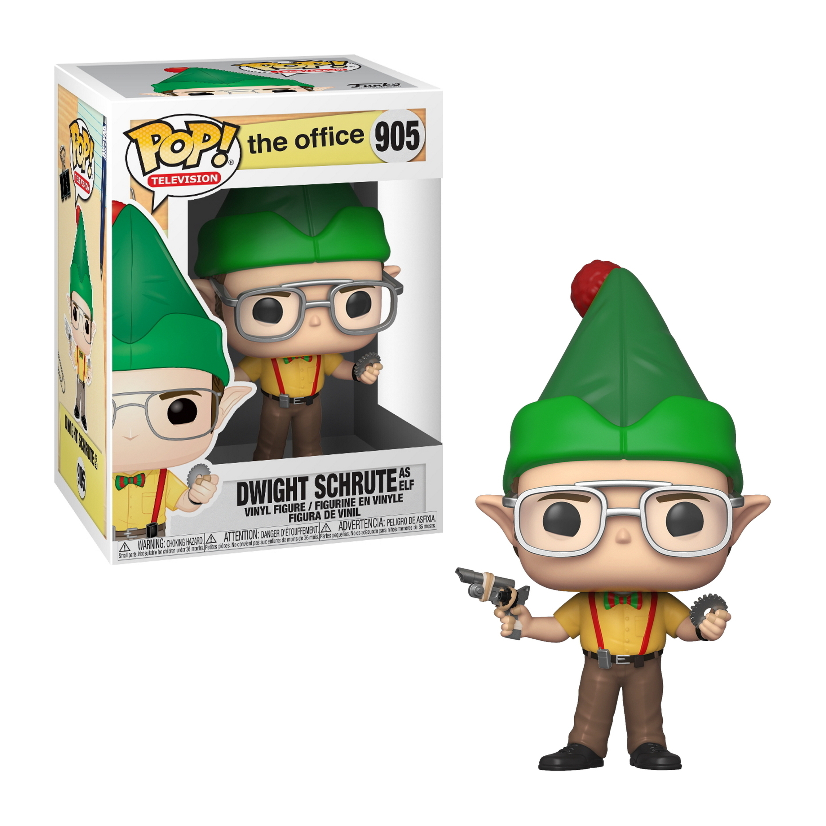 Dwight Schrute Funko Pop Figur. Brille, grüner Hut, hält Waffen, mit Box, The Office.