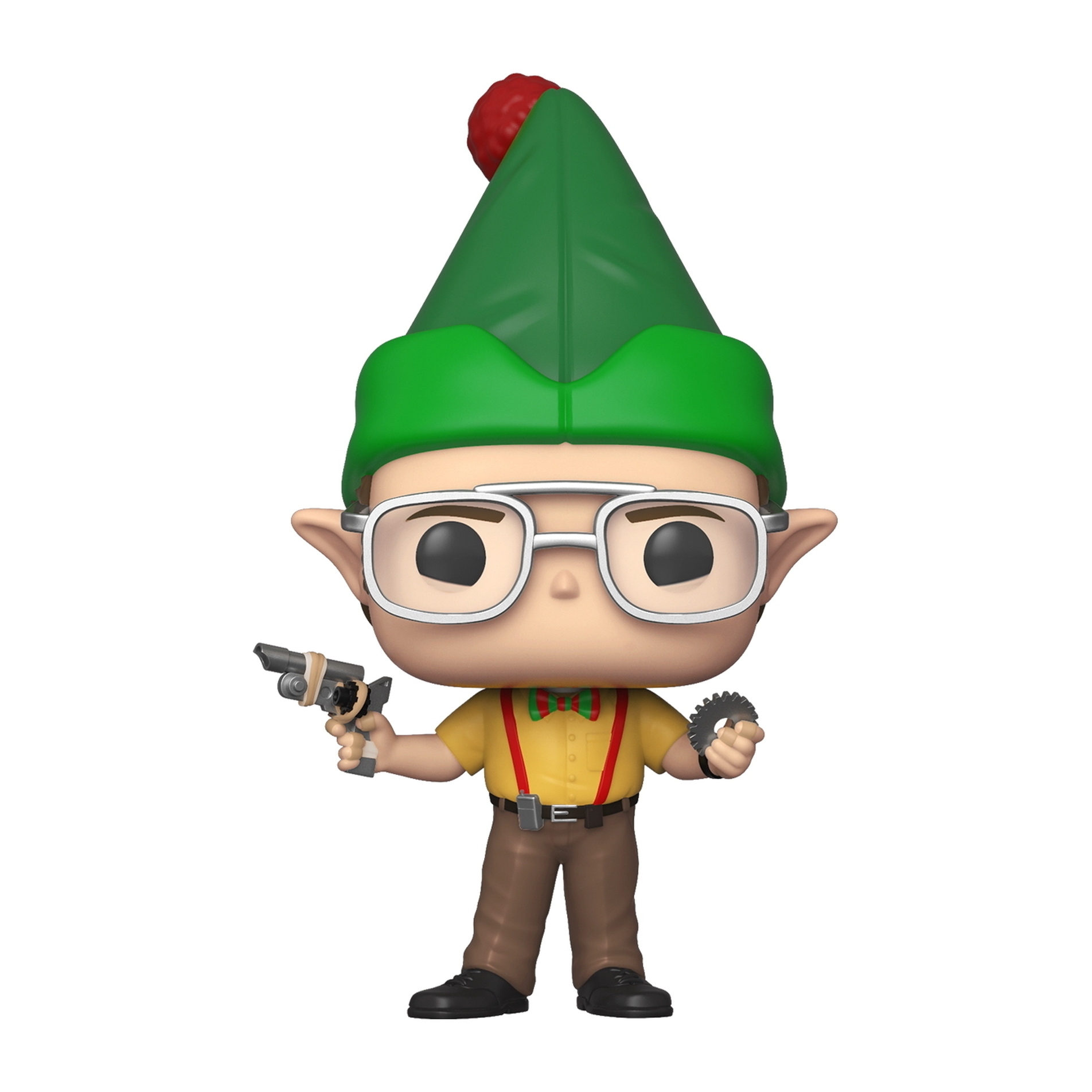 Dwight Schrute Funko Pop. Er trägt einen grünen Elfenhut, eine Brille und eine rote Fliege. Er hält eine Waffe.