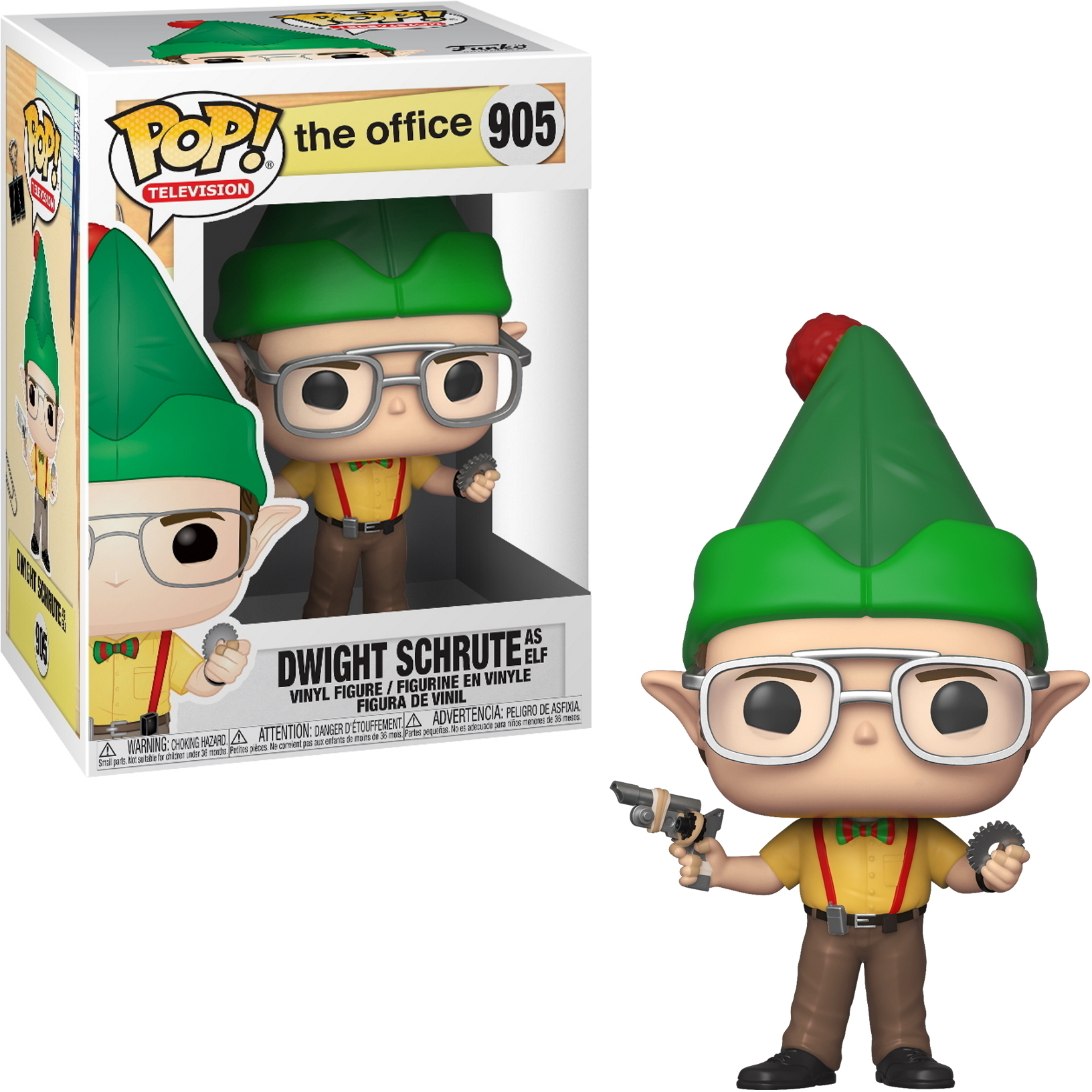 Dwight Schrute Funko Pop Figur als Elf. Er trägt einen grünen Elfhut, eine Brille und hält eine Waffe und Ausrüstung.