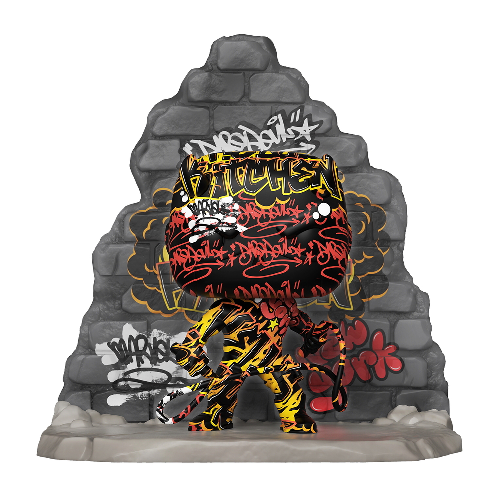 Mit Graffiti bedeckte Funko Pop Figur mit Backsteinmauer im Hintergrund.