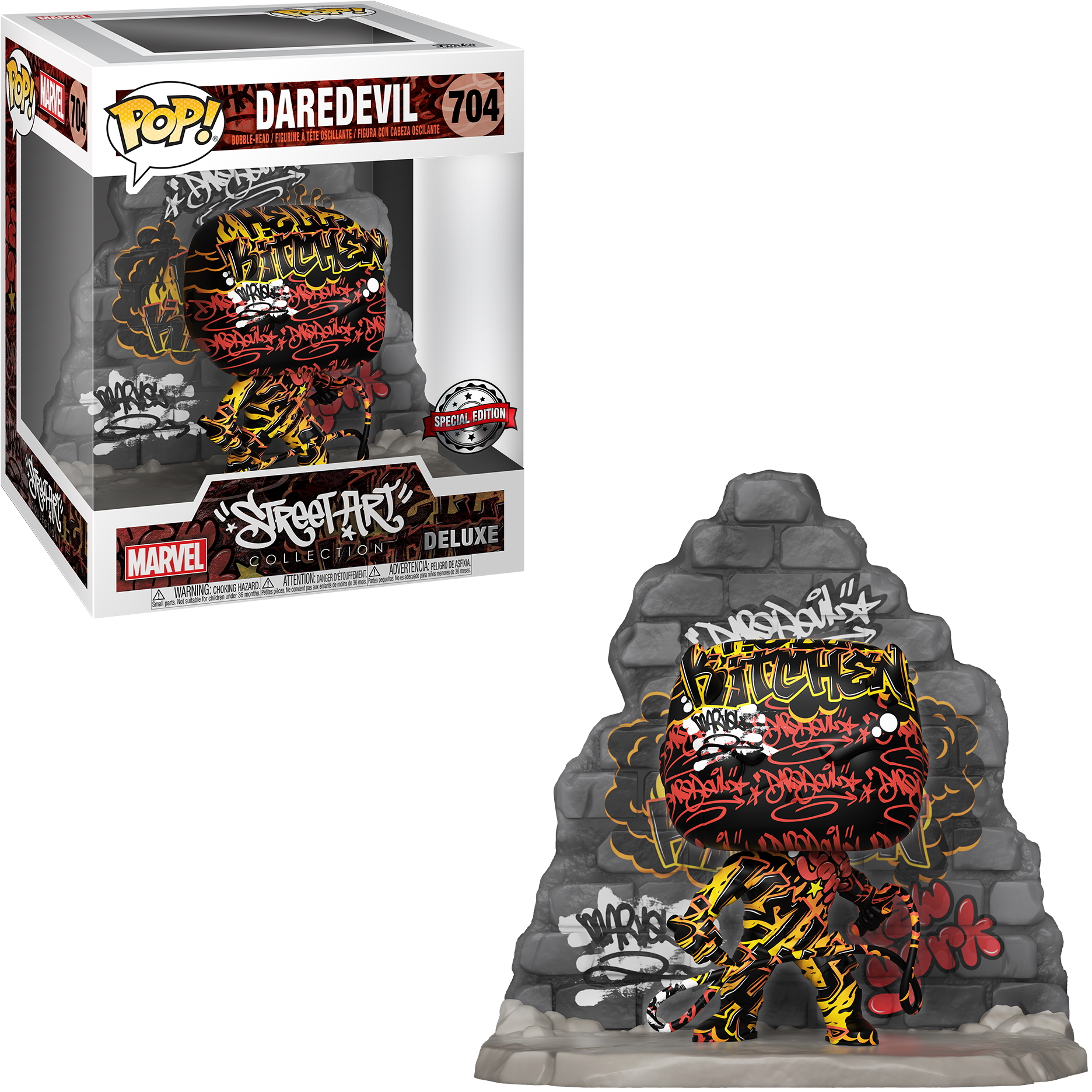 Daredevil Funko Pop Figur in einer Graffiti-Umgebung mit Backsteinmauer und Steinsockel.