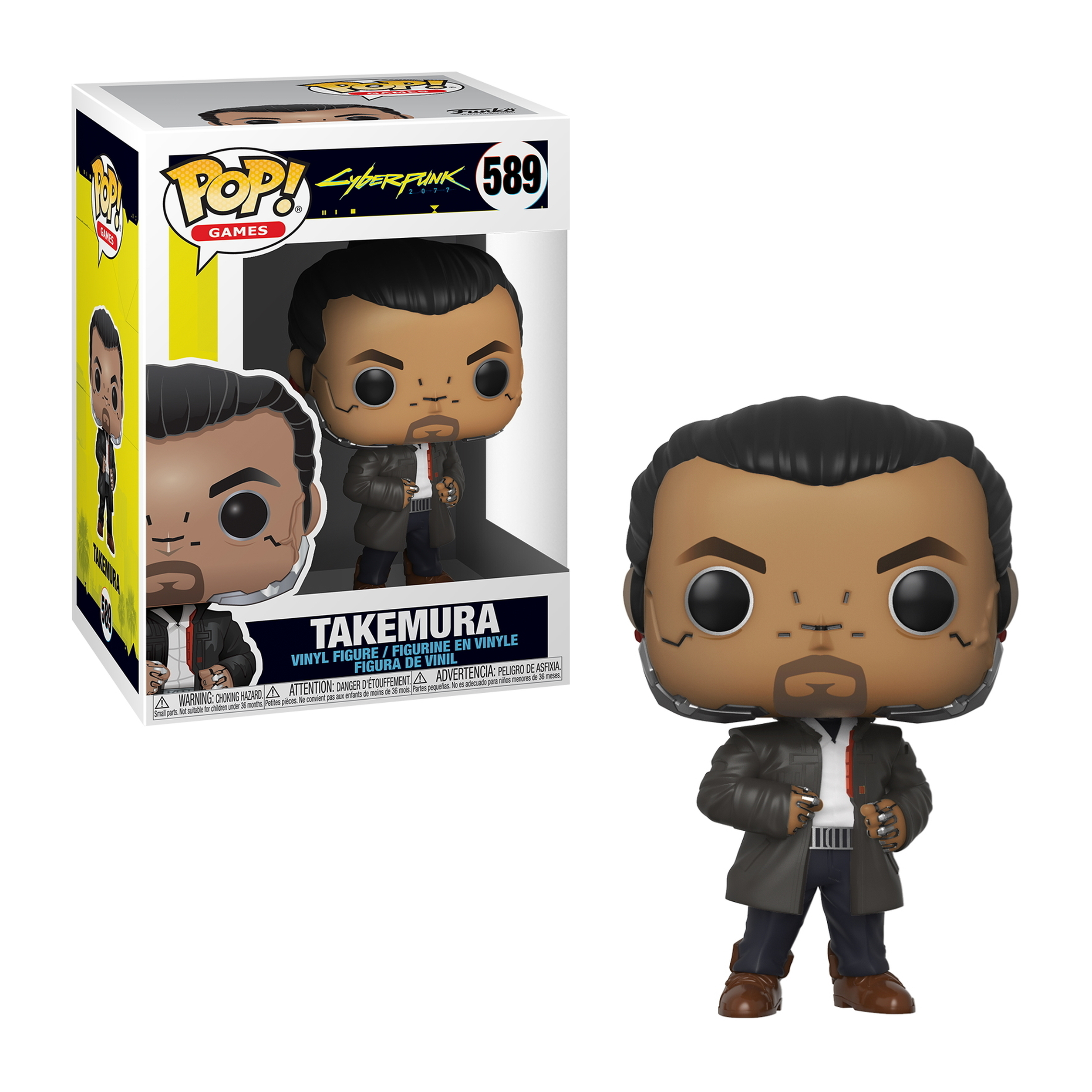 Figurka Funko Pop Takemury w płaszczu, trzymającego urządzenie, z pudełkiem. Cyberpunk 589.