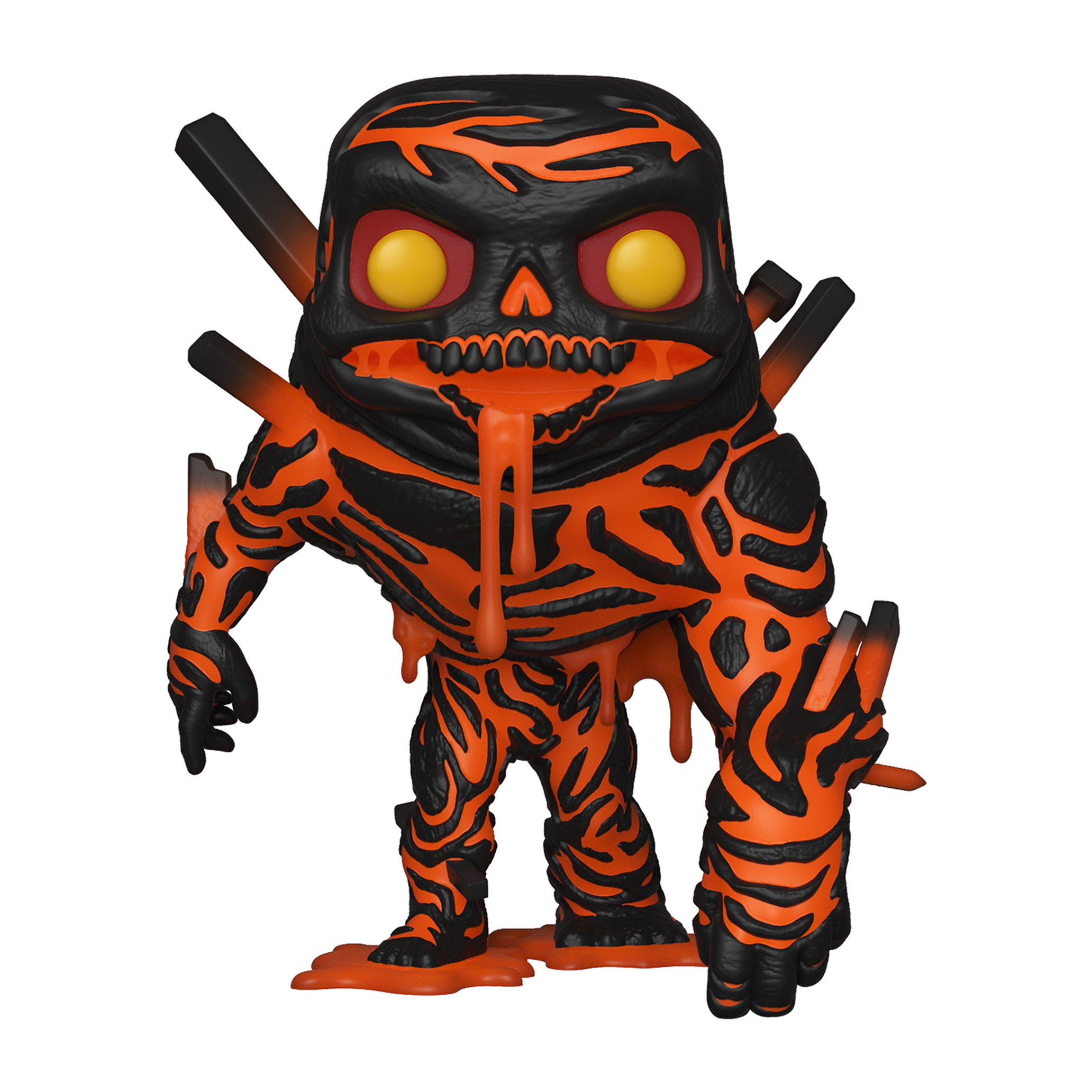 Orange und schwarze Monsterfigur mit Schädelgesicht und tropfender orangener Flüssigkeit.