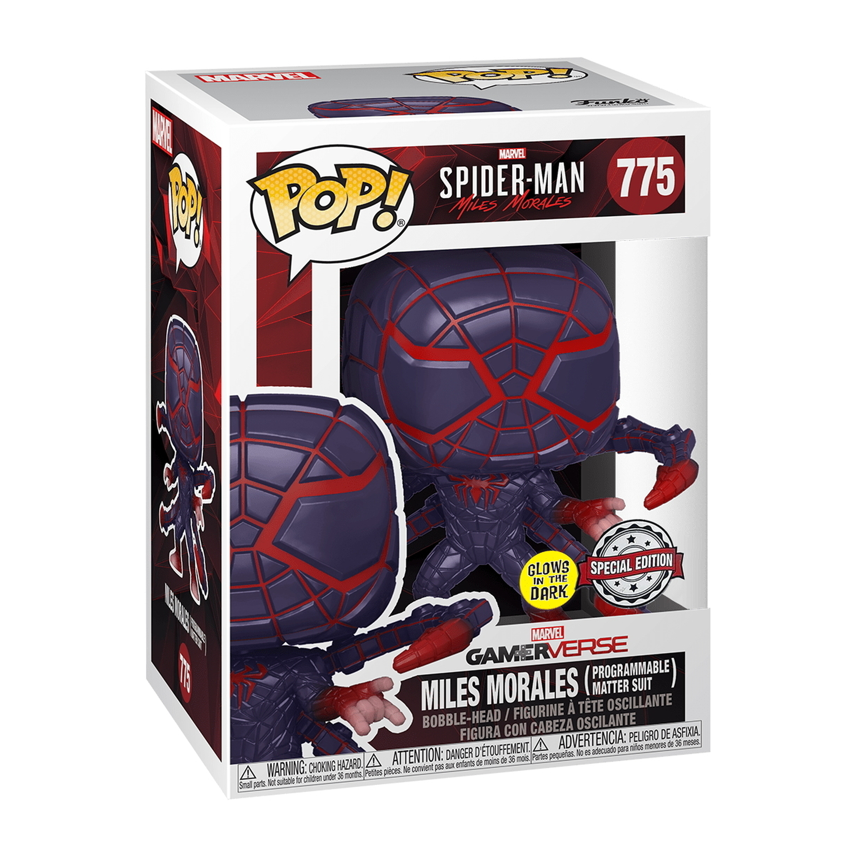 Miles Morales Spider-Man Pop Figur in einer Box. Schwarzer und roter Anzug, leuchtende Details.