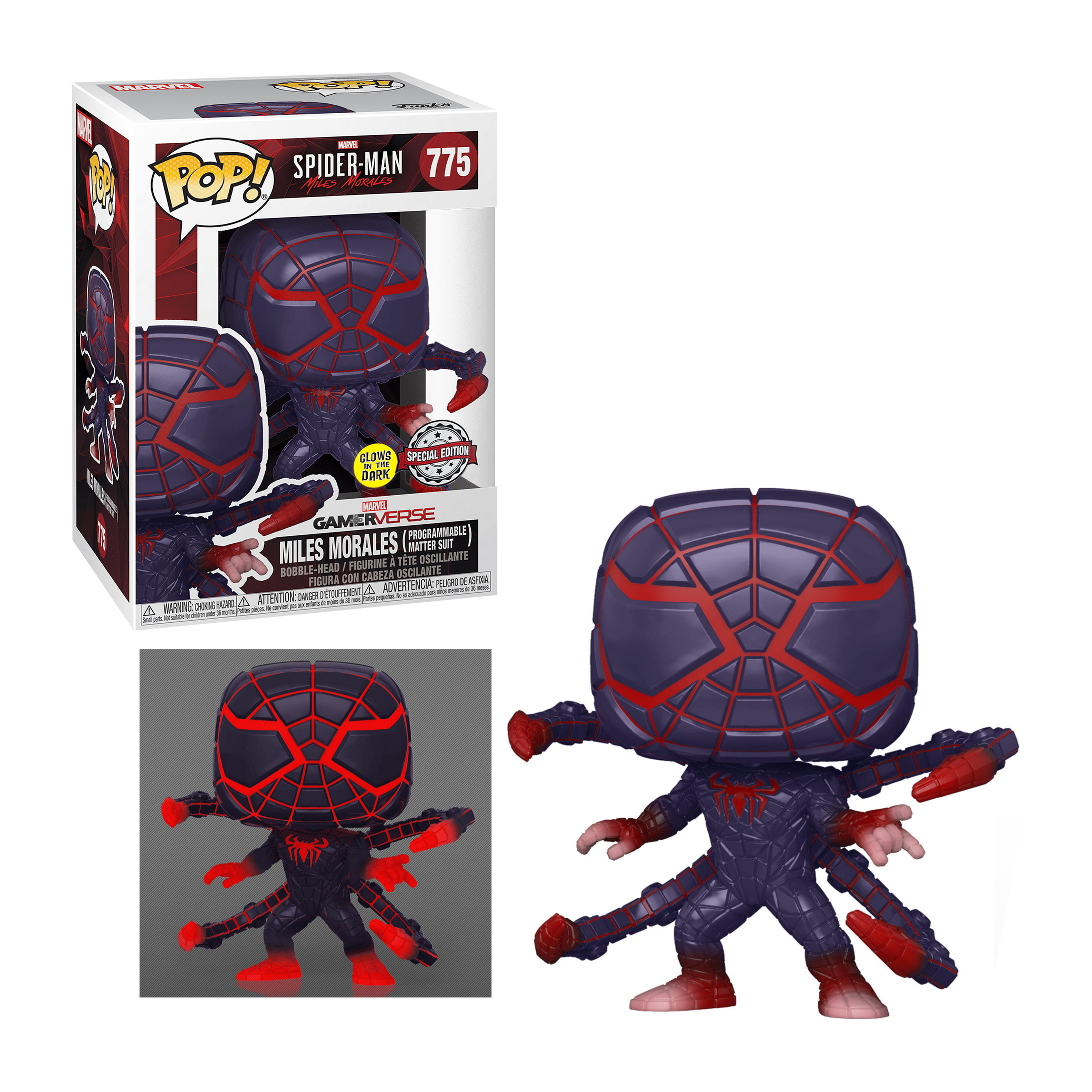 Spider-Man Miles Morales Funko Pop Figur. Er hat einen rot-schwarzen Anzug mit zusätzlichen Gliedmaßen.