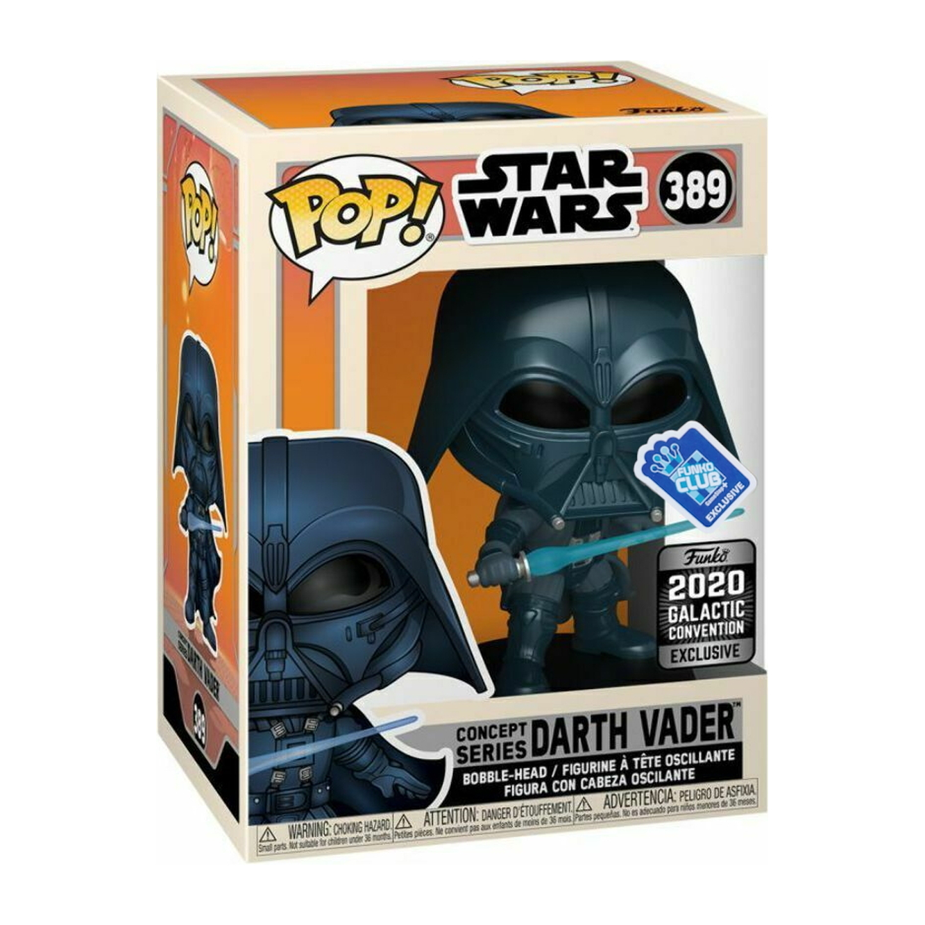 Darth Vader Figur in einer Box, trägt einen schwarzen Anzug und Helm, hält ein blaues Lichtschwert.