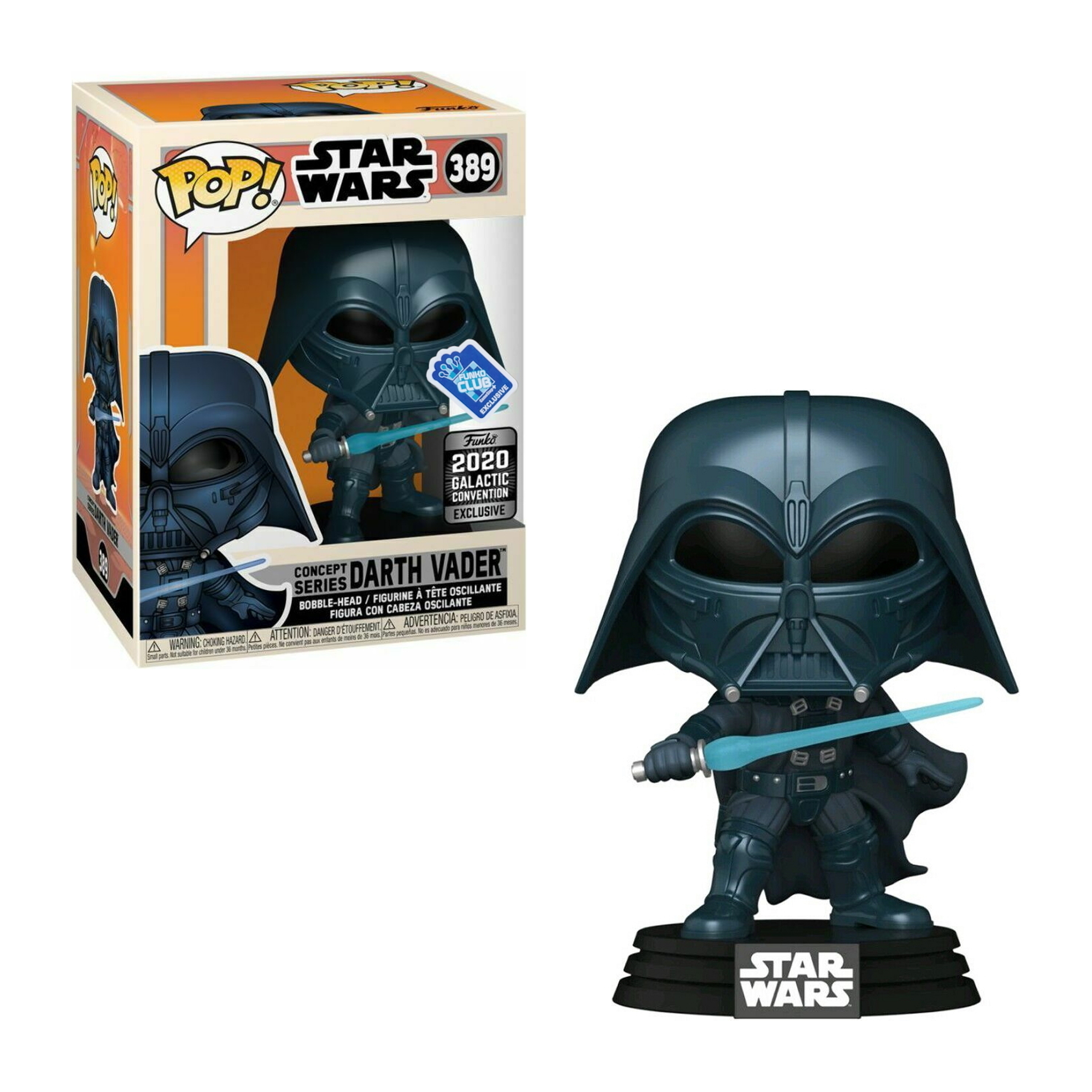Darth Vader Funko Pop Figur in Schwarz mit hellblauem Lichtschwert.