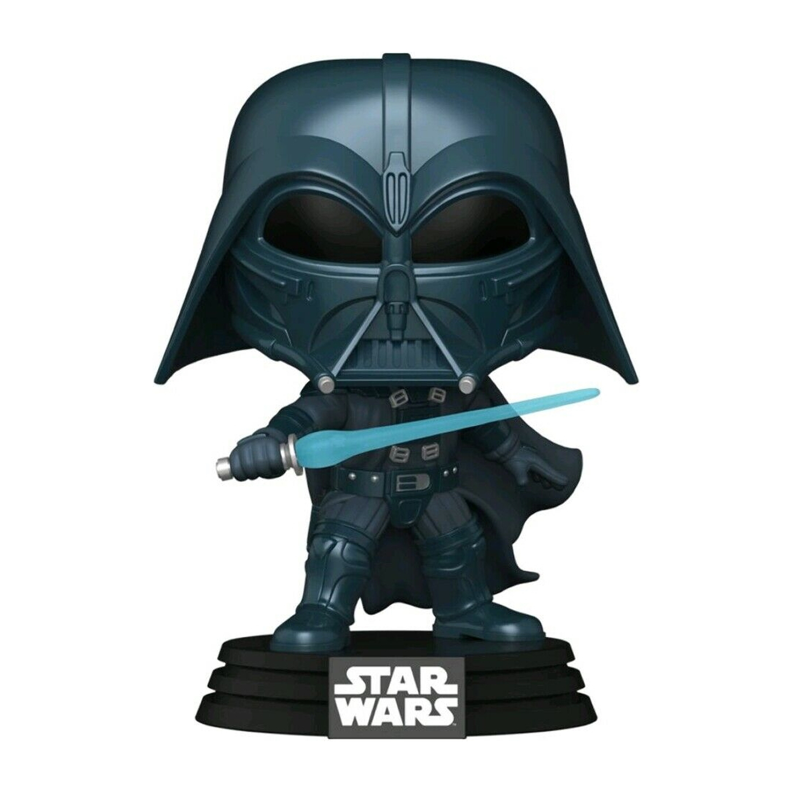 Darth Vader Figur mit blauem Lichtschwert, auf schwarzem Sockel.