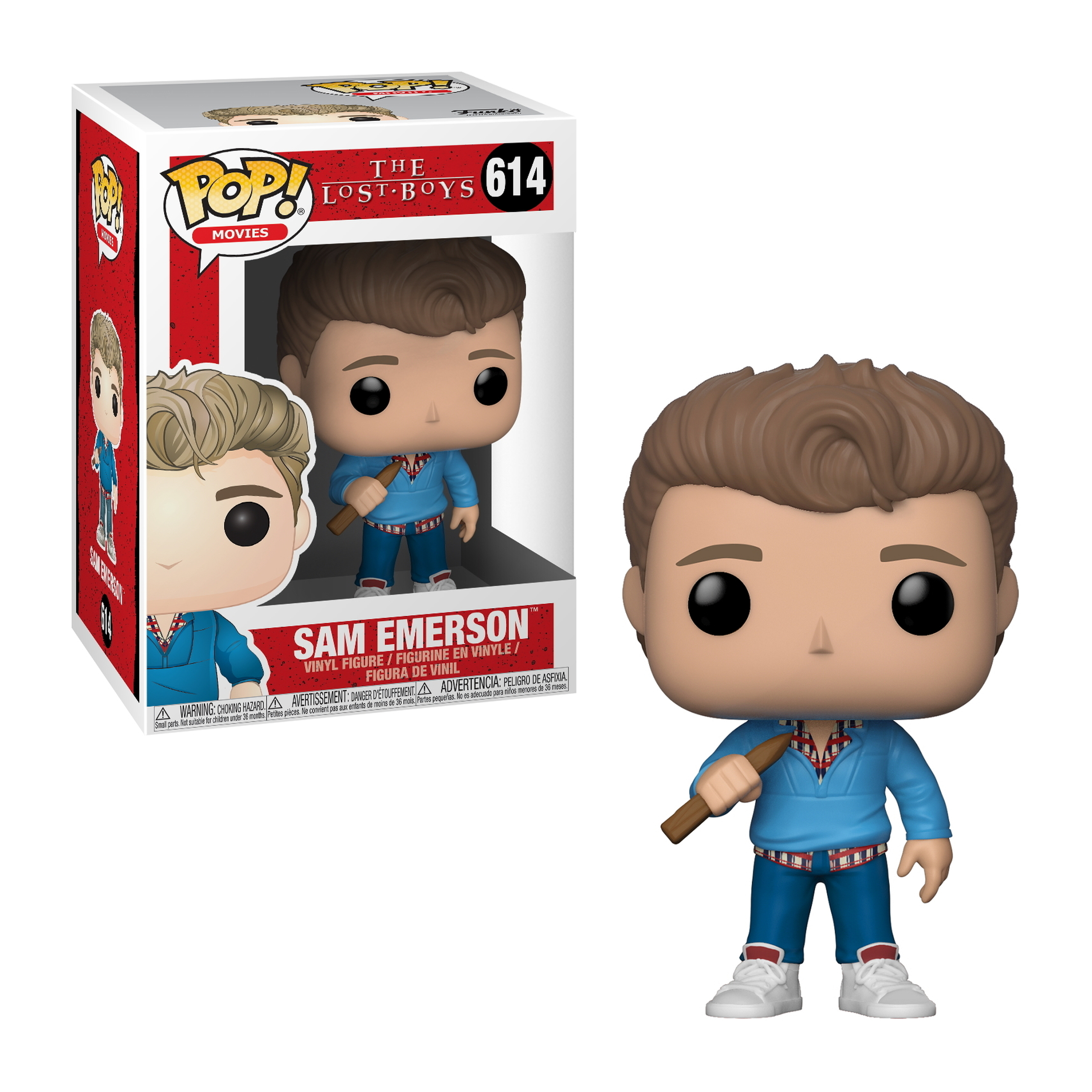 Figurka Sama Emersona z niebieską koszulą, trzymającego kij, z pudełkiem.