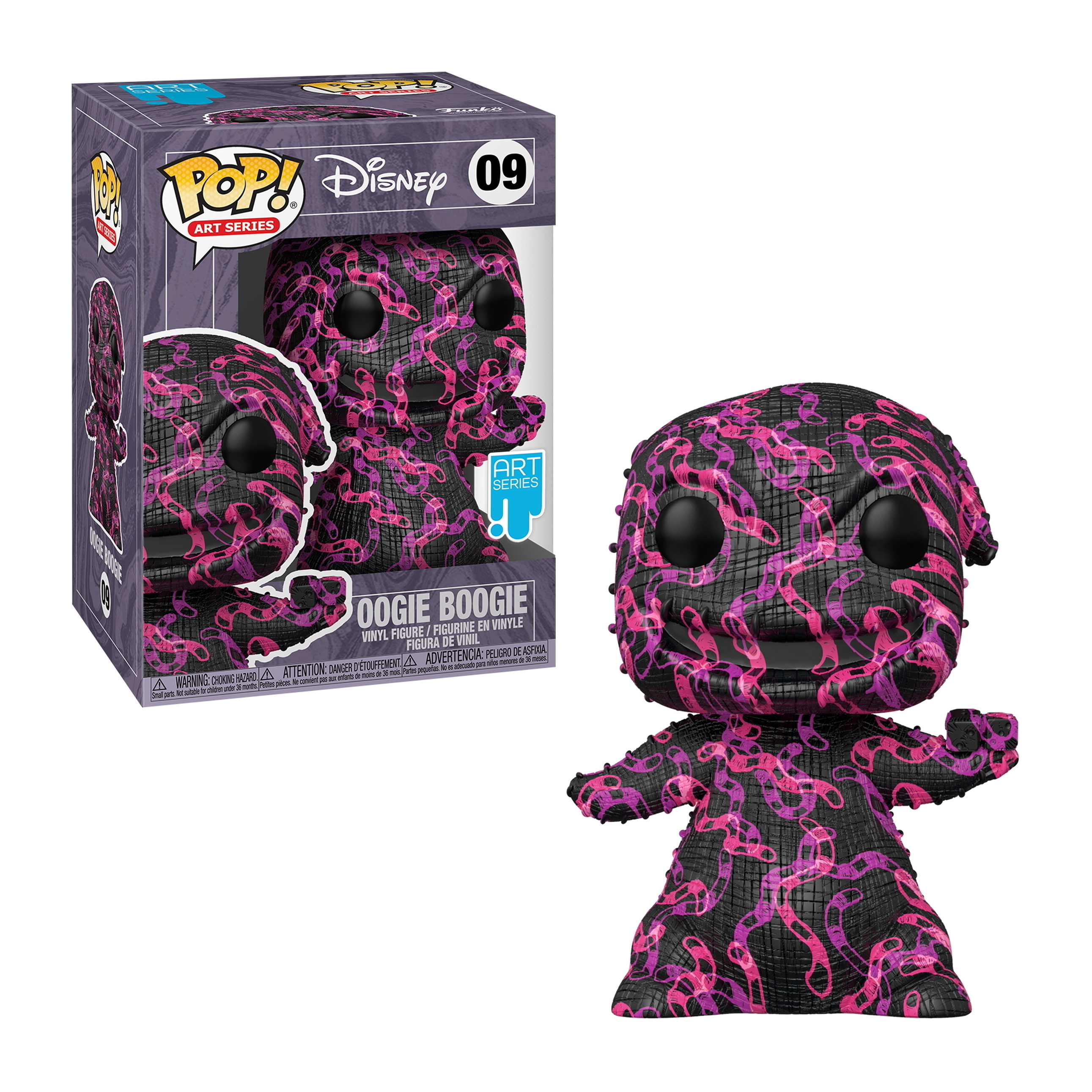 Oogie Boogie Figur mit schwarzem Körper, rosa und lila Details und einer Box. Weißer Hintergrund.