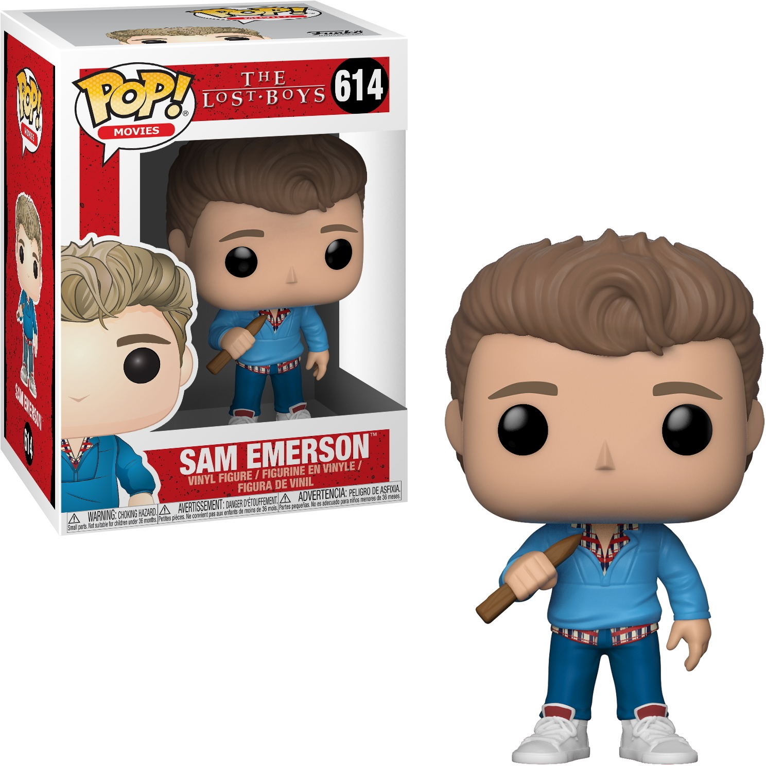 Figurka Funko Pop Sama Emersona z The Lost Boys. Ma na sobie niebieski sweter i trzyma drewniany kołek.