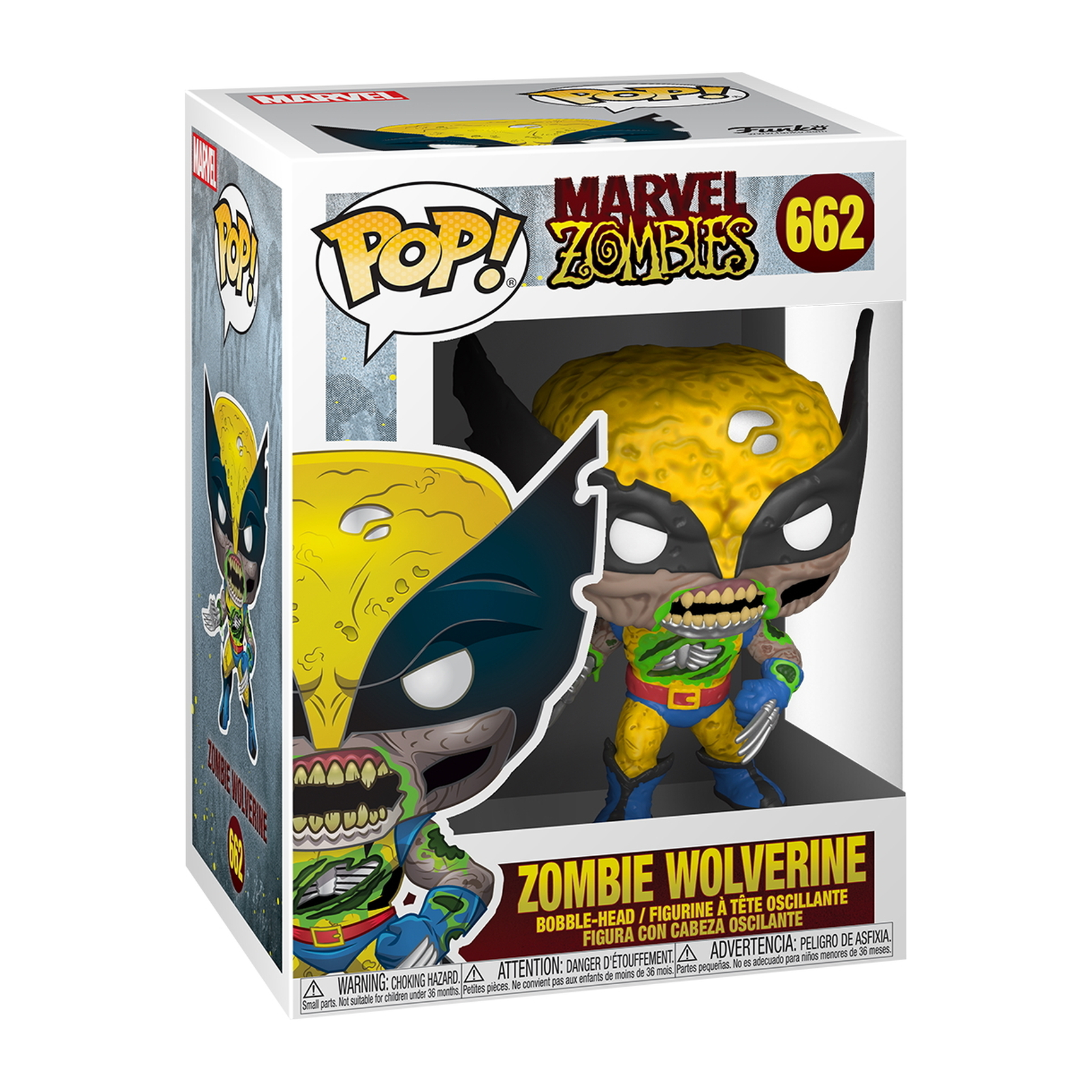 Eine Marvel Zombies Wolverine Funko Pop Figur in einer Box. Die Figur ist ein Zombie mit gelben Haaren.