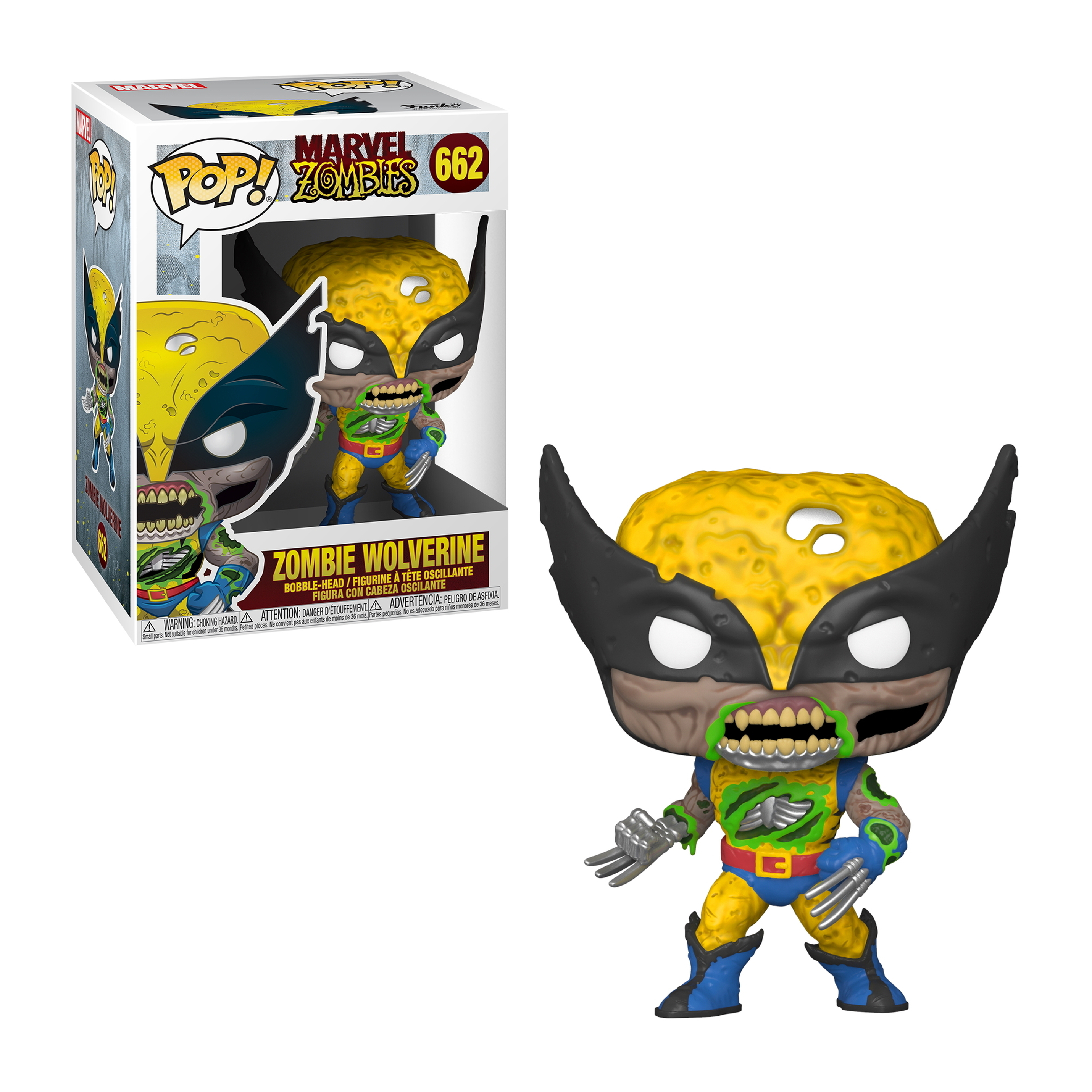 Zombie Wolverine Funko Pop Figur mit einer Box, zeigt einen verfaulten gelben Kopf und zerrissenes Kostüm.