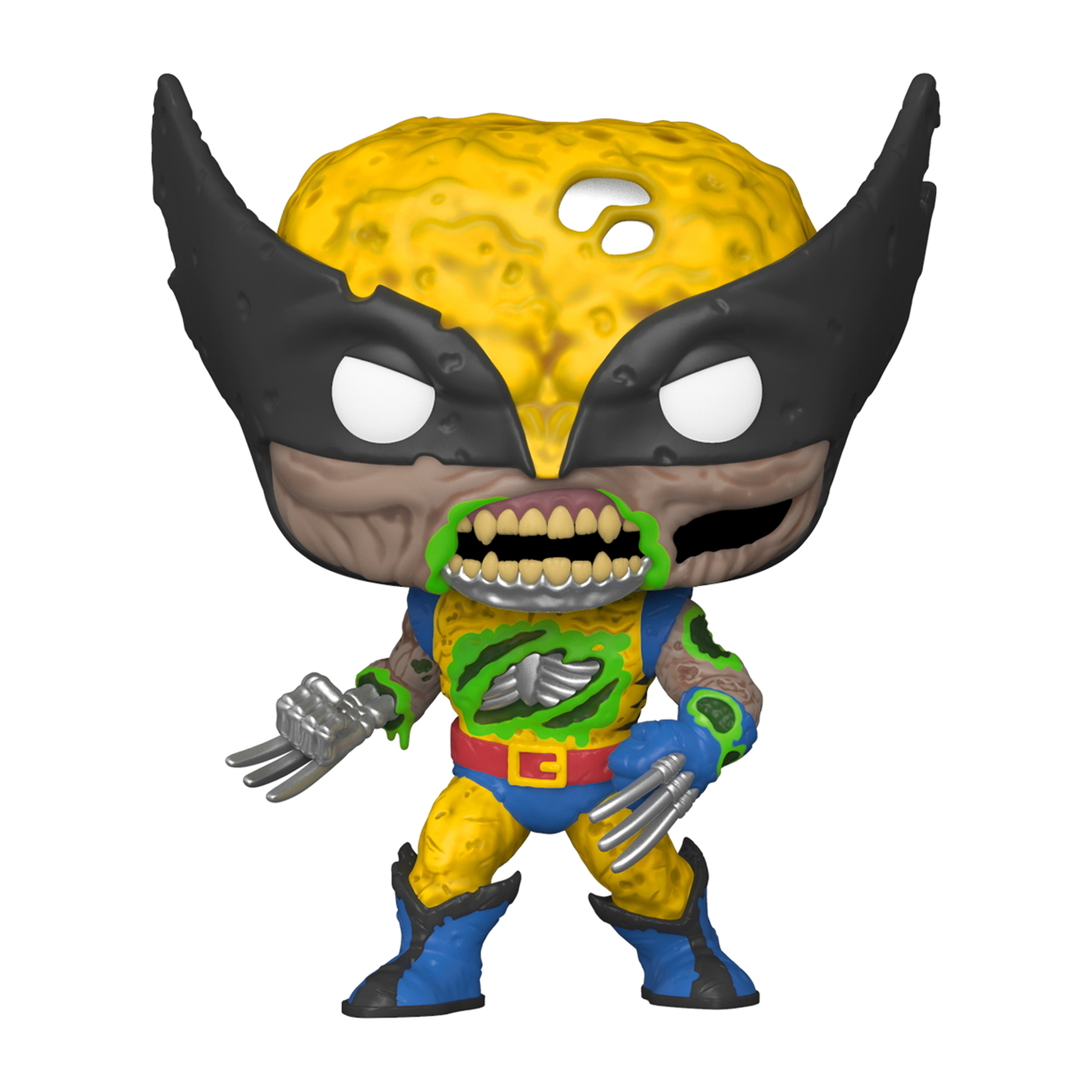 Zombie Wolverine Figur mit gelbem Kopf, schwarzer Maske, grünem und blauem Outfit und silbernen Krallen.
