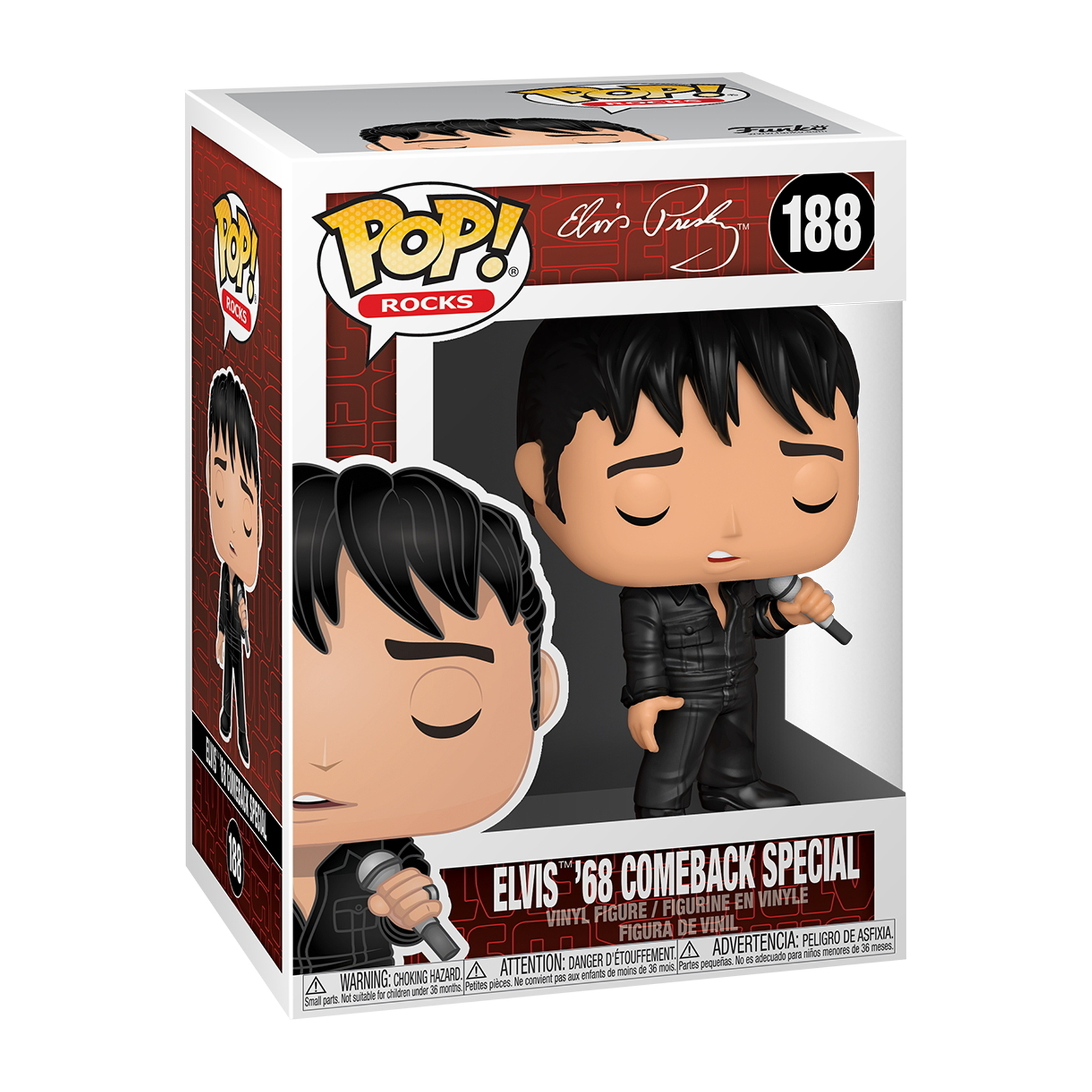 Funko Pop Figur in Box, Elvis '68 Comeback Special. Figur trägt schwarzen Anzug und Mikrofon.