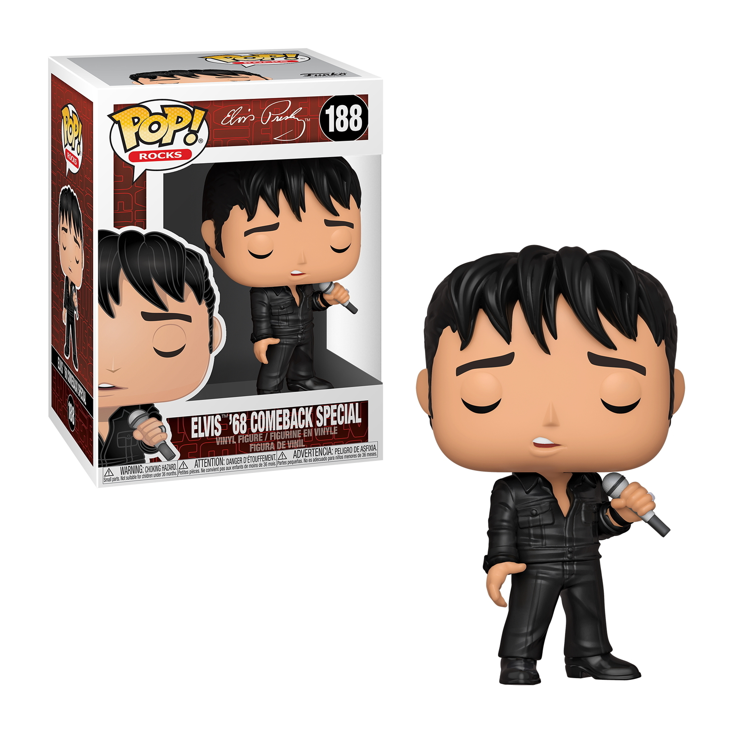 Elvis Funko Pop Figur im schwarzen Lederanzug, mit Mikrofon, in Box.