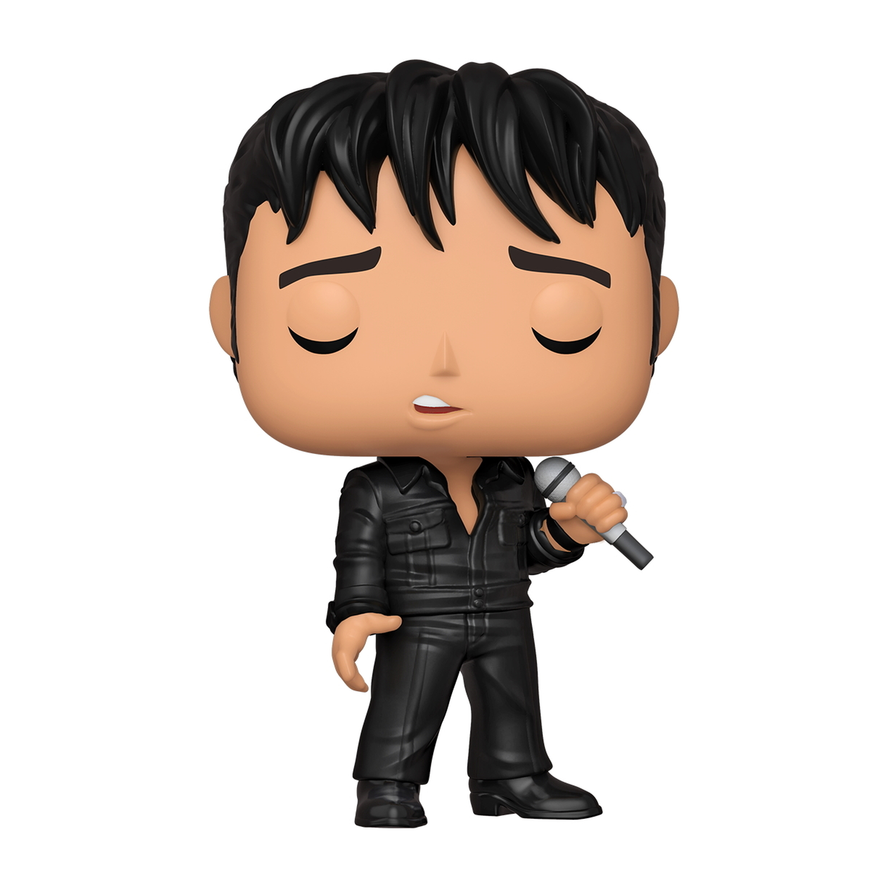 Eine Funko Pop Figur von Elvis Presley in schwarzer Lederjacke und schwarzem Haar, mit Mikrofon.