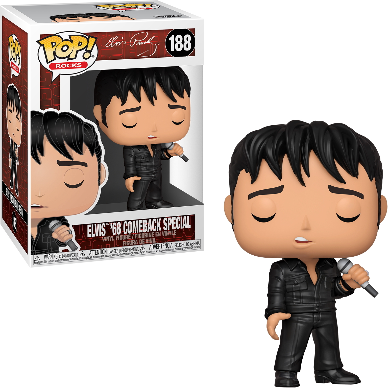Elvis Figur in schwarzem Overall, Mikrofon haltend, Augen geschlossen. Box zeigt die gleiche Figur.