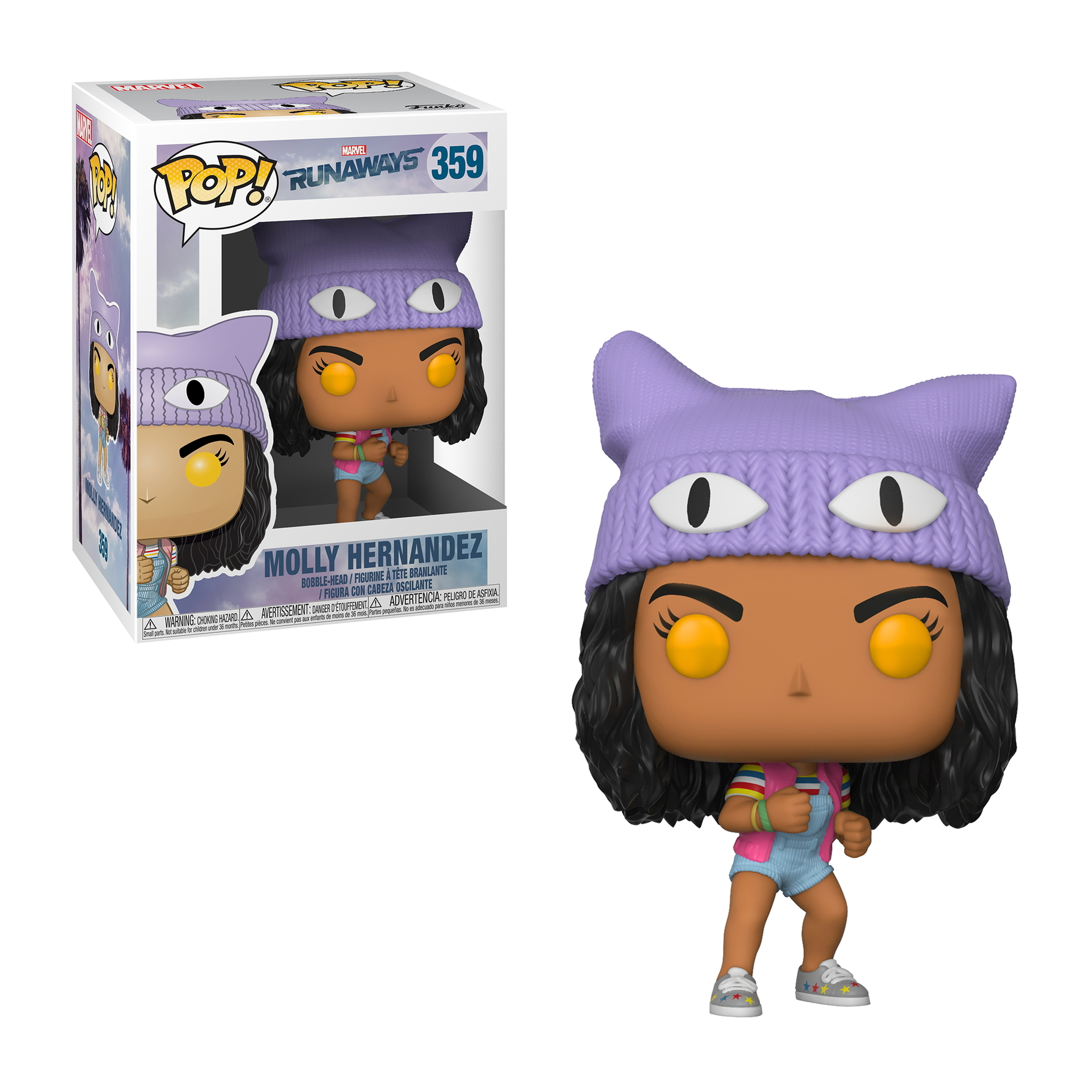 Molly Hernandez Funko Pop-Figur mit Mütze und pinkfarbenem Outfit. Figur im Karton links.