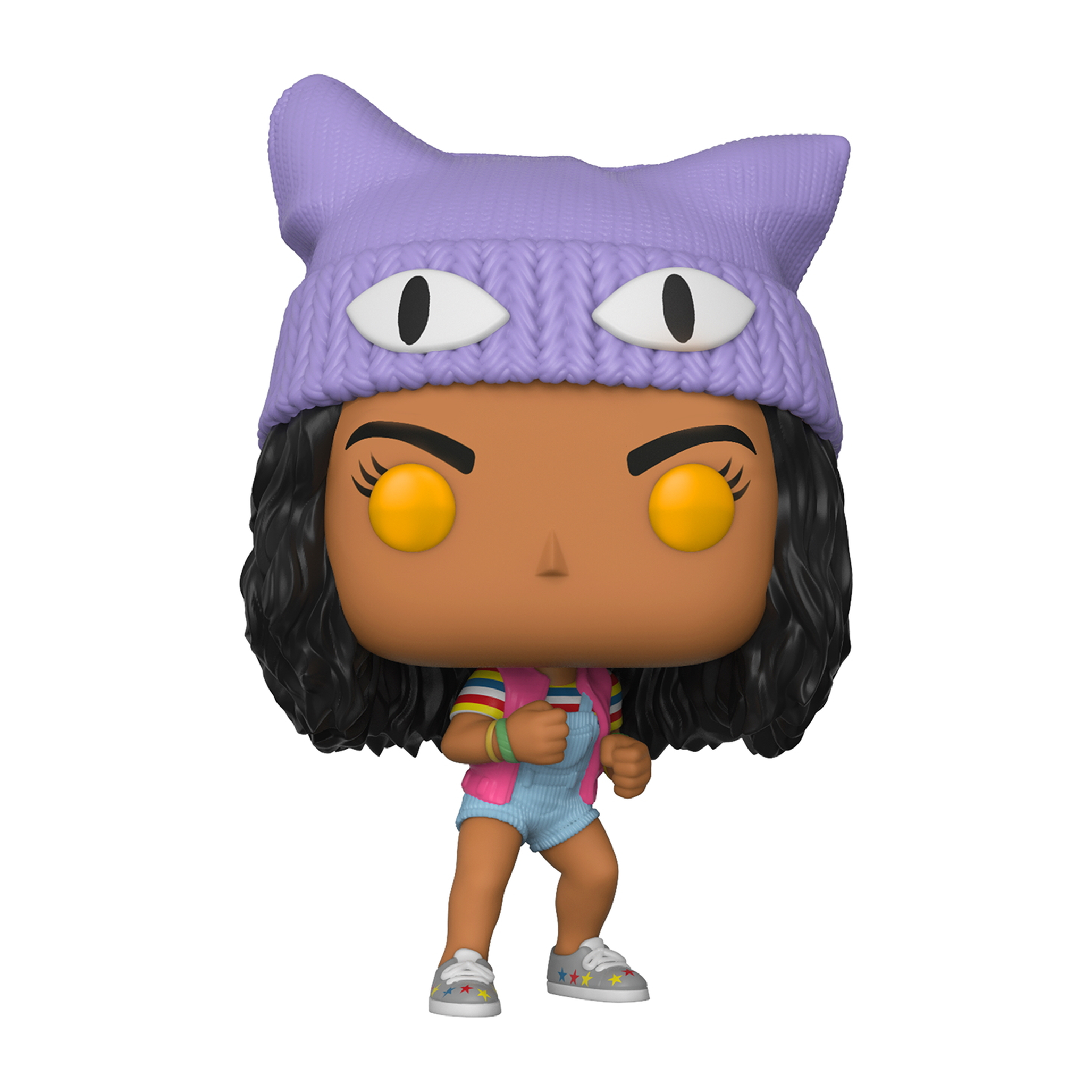 Figur einer Mädchens mit Katzenhut, trägt ein farbenfrohes Outfit.