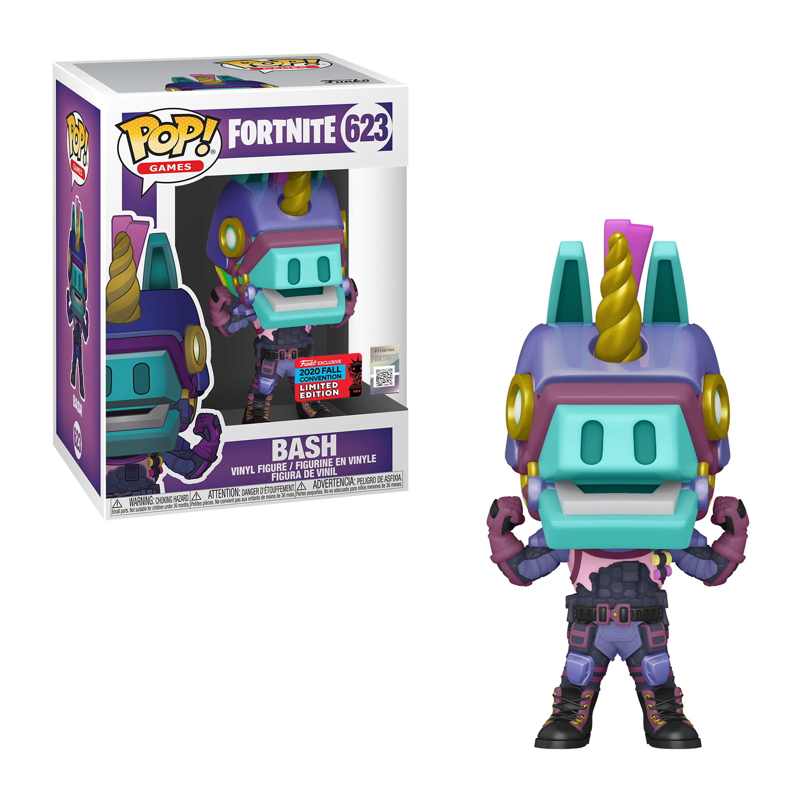 Eine Fortnite Bash Funko Pop Figur in einer Box und draußen. Es ist eine lila und blaue Figur.