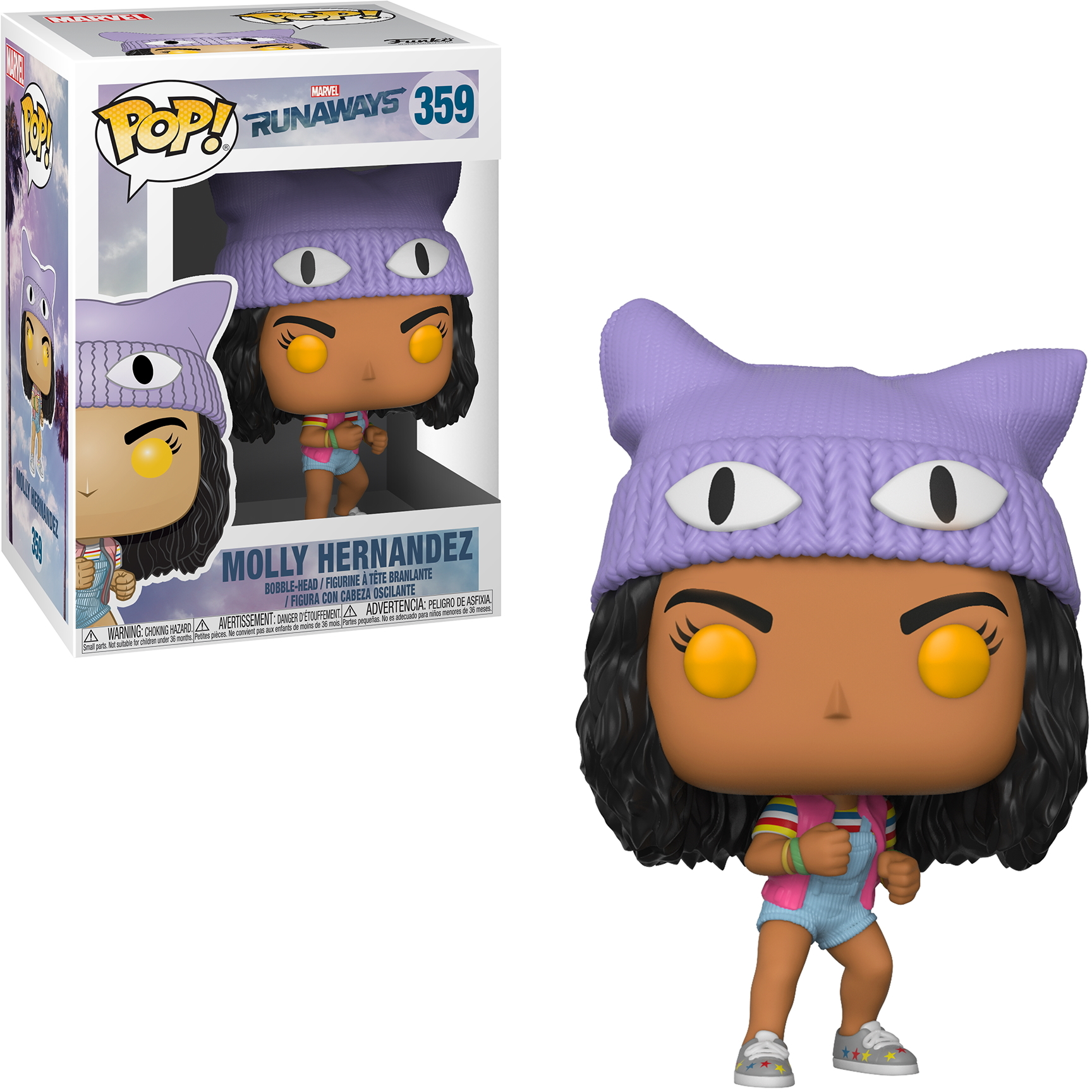 Molly Hernandez Funko Pop Figur mit lila Hut und Kostüm, Schachtel im Hintergrund.
