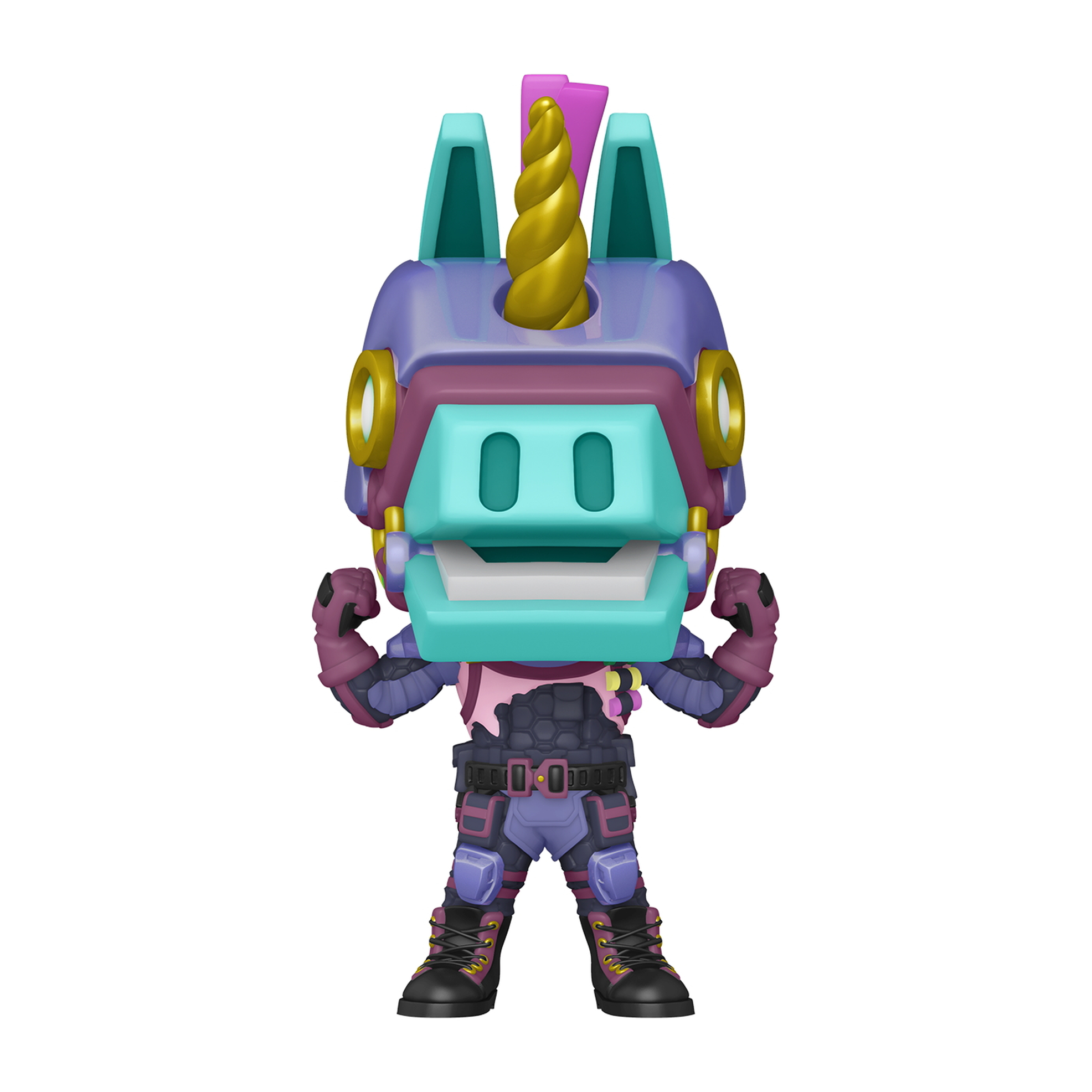 Fortnite-Figur, Roboter-Einhorn. Lila Körper, türkisfarbener Kopf, goldenes Horn und muskulöse Arme.